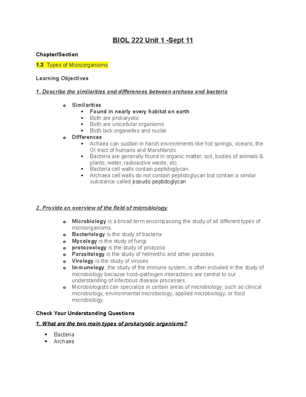 BIOL 222 Unit 1 - review - BIOL 222 Unit 1 -Sept 11 Chapter/Section 1 ...