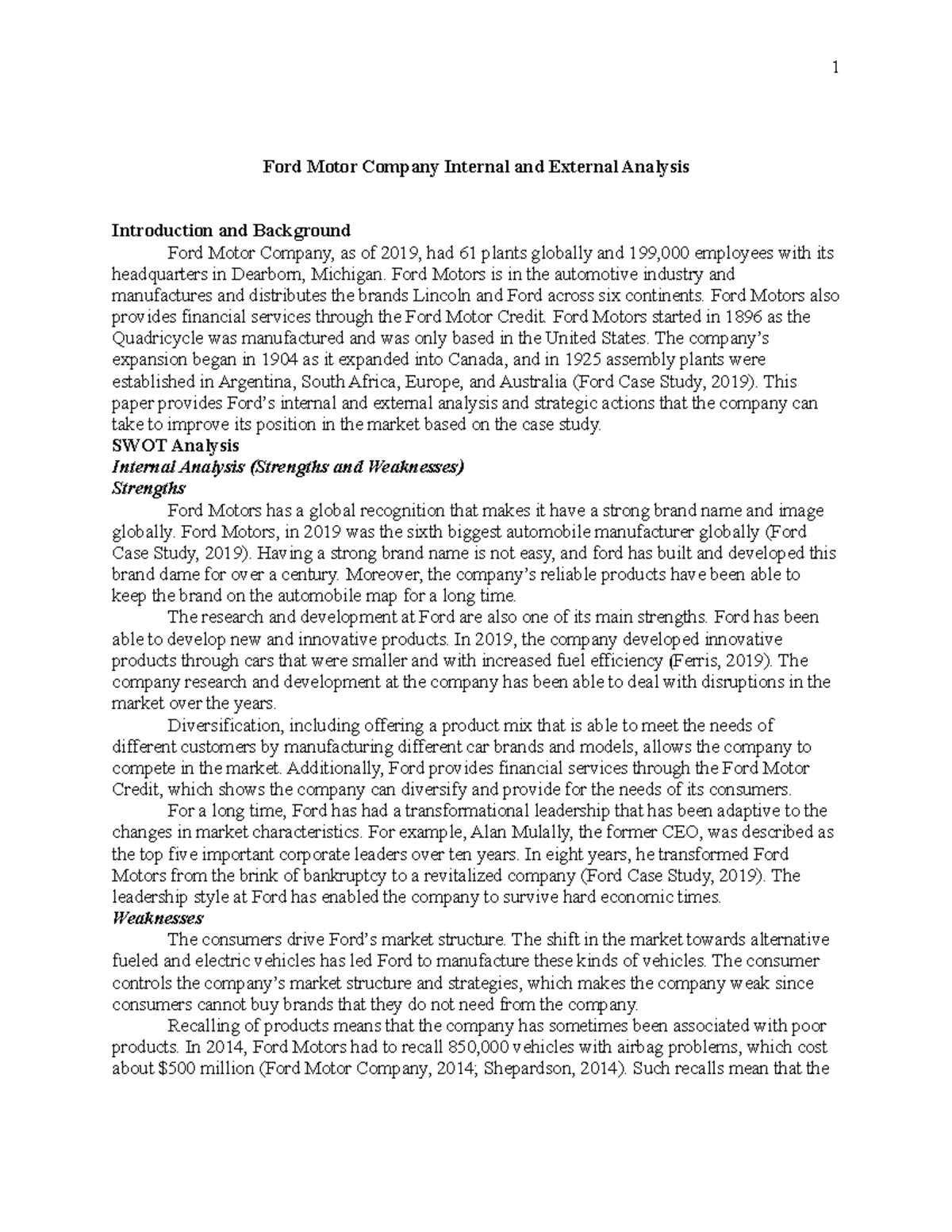 Ford Strategic Analysis - Ford Motor Company Internal and External ...