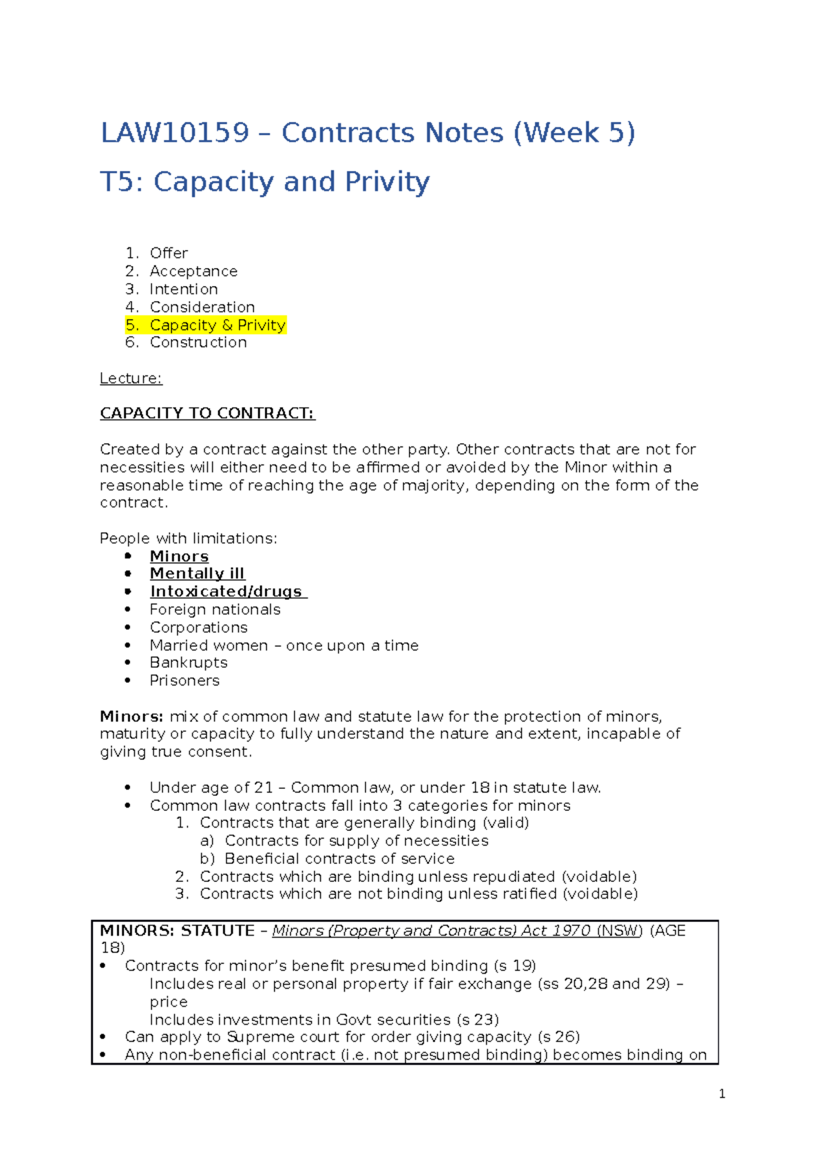 LAW10159 T5 Notes LAW10159 Contracts Notes (Week 5) T5 Capacity