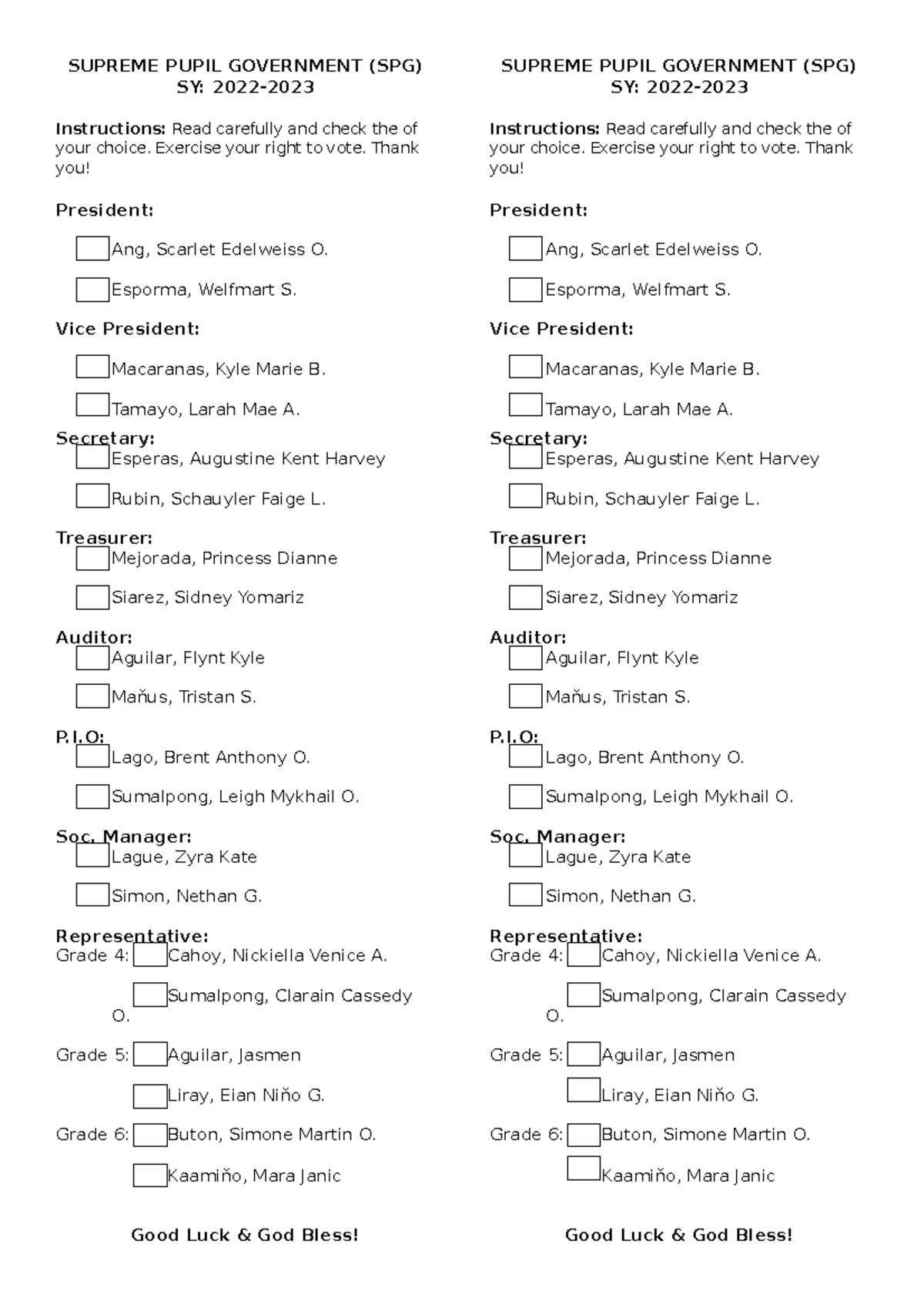 SPG Ballot Supreme Pupil Government SUPREME PUPIL GOVERNMENT SPG