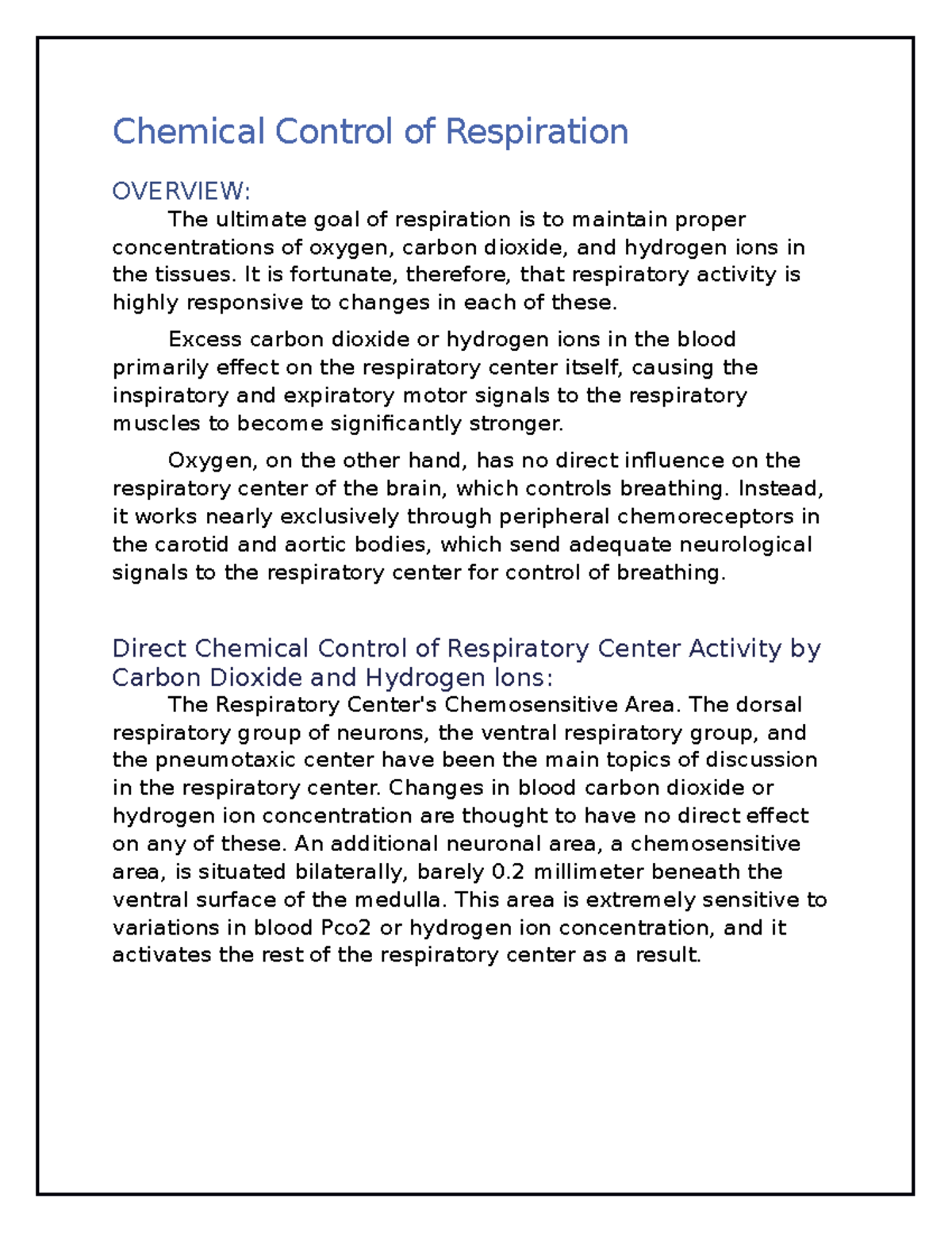 Detail NOTE ON Chemical Control of Respiration - Chemical Control of ...