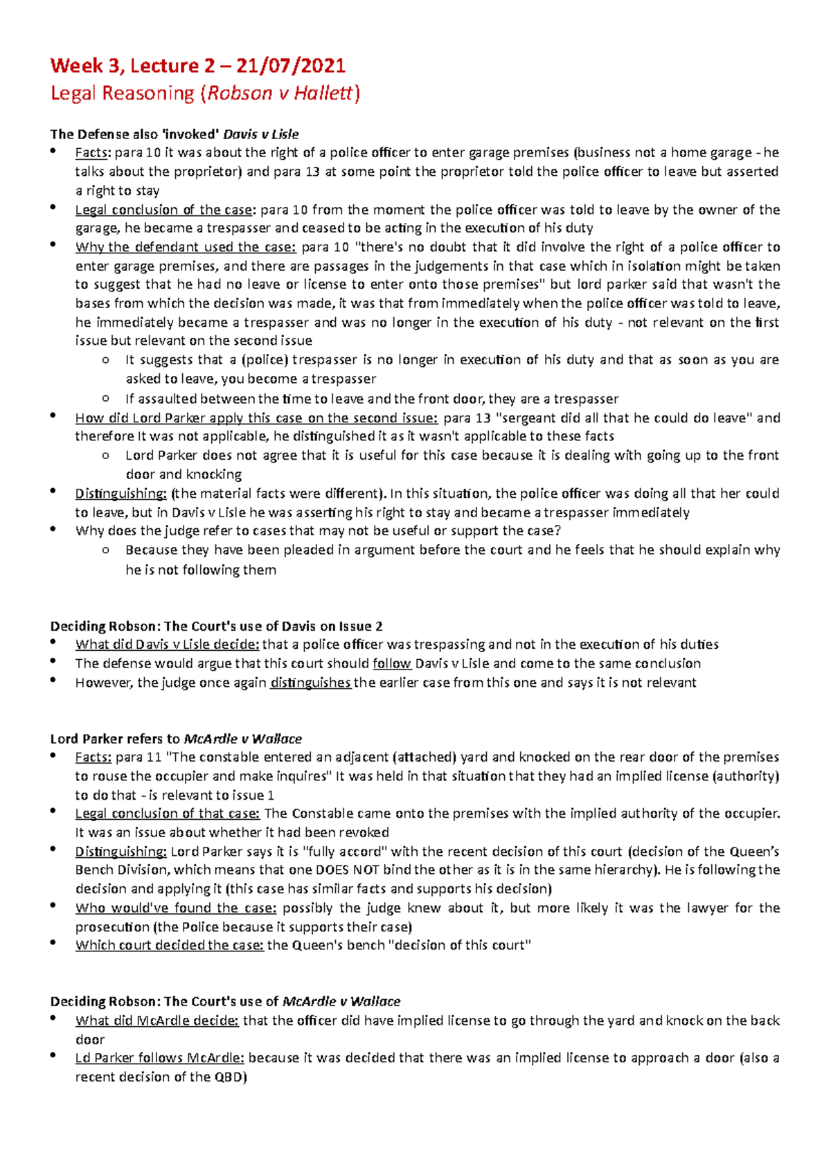 Laws122 Week 3 Lecture 2 On Legal Reasoning Robson V Hallett Week 3 Lecture 2 2107 9666