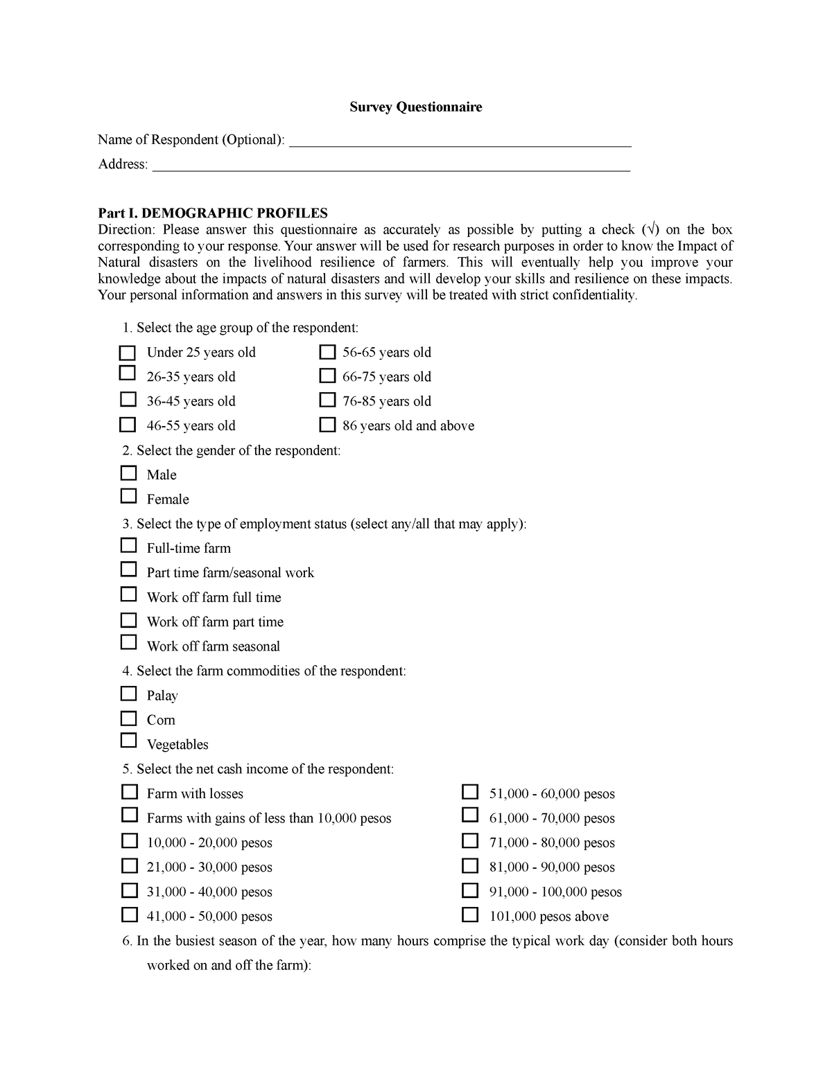 Survey Questionnaire for Research - Survey Questionnaire Name of ...