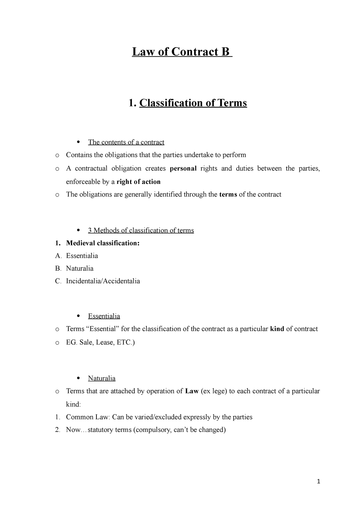 Contract B Summaries - Final - Law Of Contract B 1. Classification Of ...