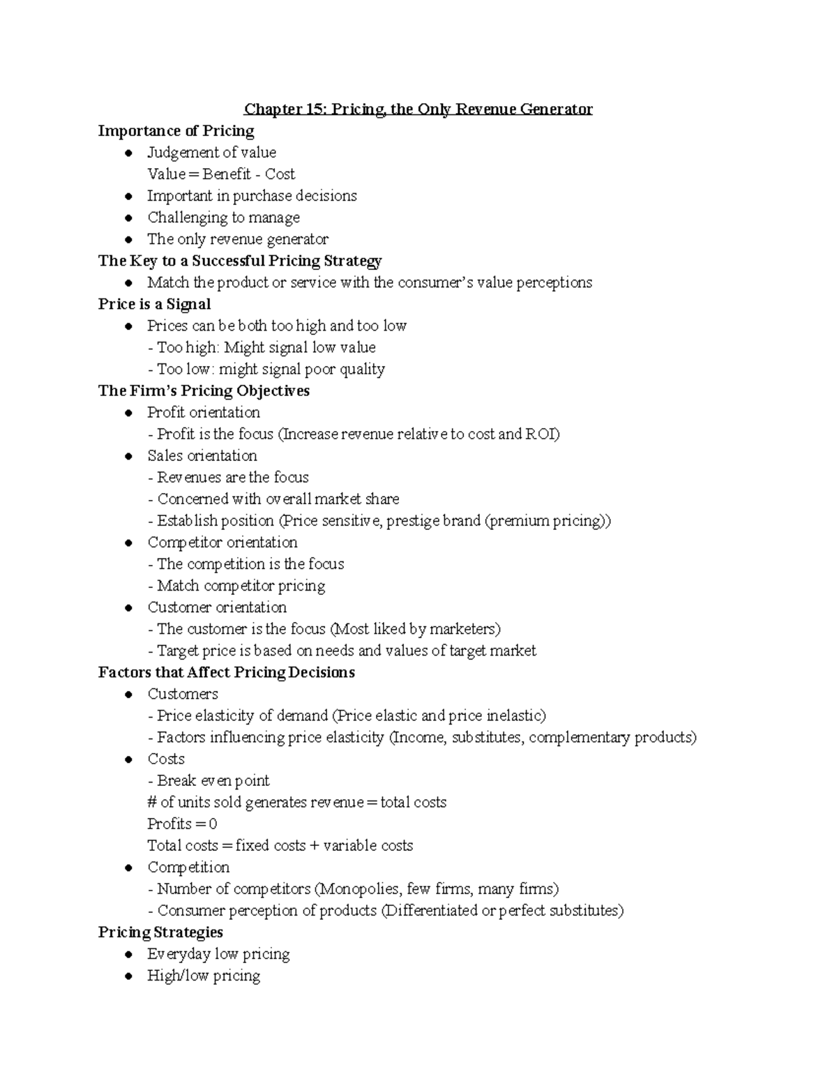 Chapter 15 Notes - Chapter 15: Pricing, the Only Revenue Generator ...