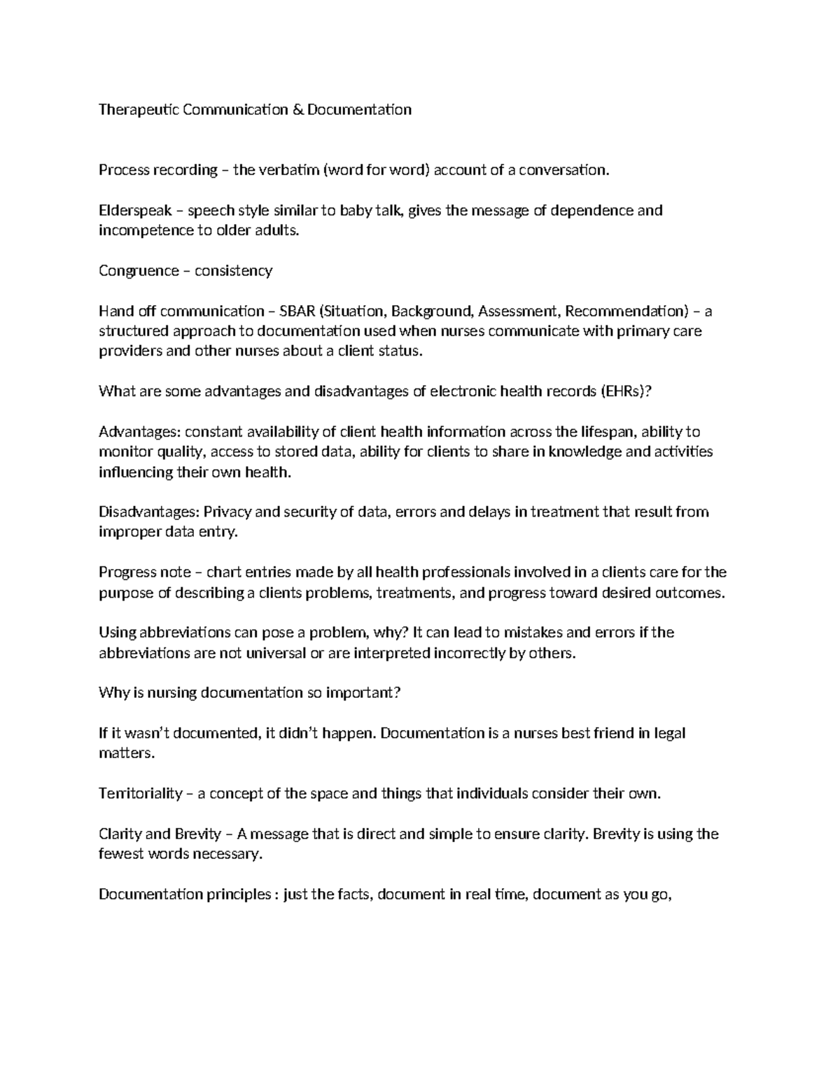 Fun Exam 1 Notes - Therapeutic Communication & Documentation Process ...