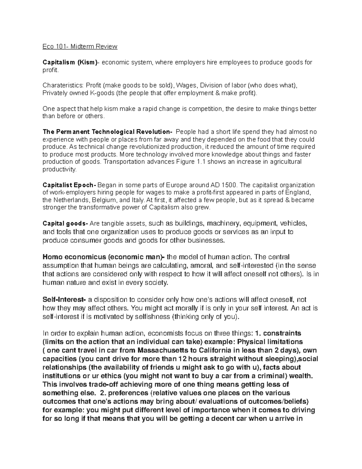 Eco 101 midterm & final study guide - Eco Midterm Review Capitalism ...