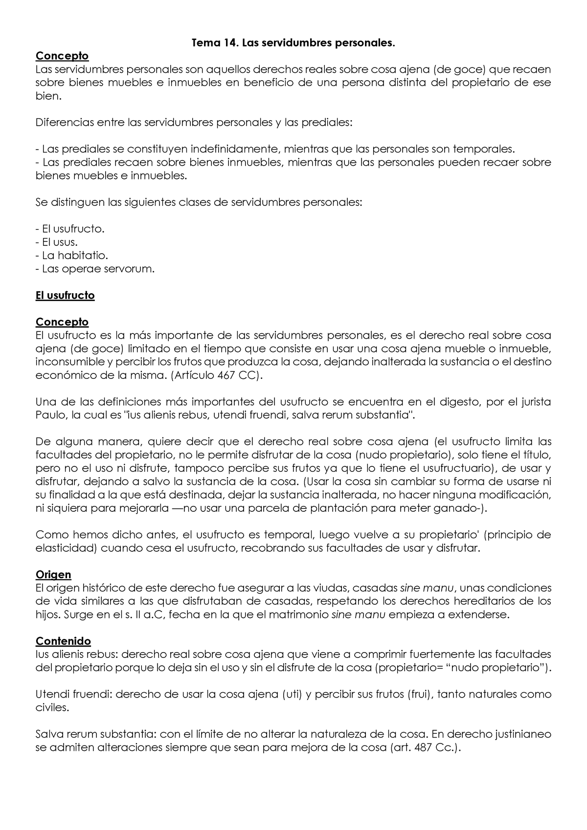 Tema 14 Apuntes 14 Tema 14 Las Servidumbres Personales Concepto Las Servidumbres 0766