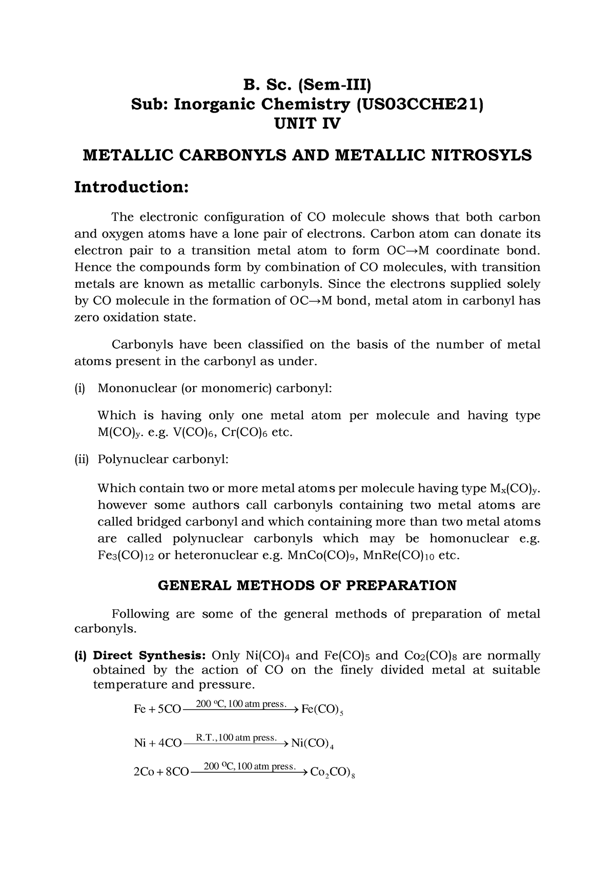 Metal Carbonyl and Metal Nitrosyl - B. Sc. (Sem-III) Sub: Inorganic ...