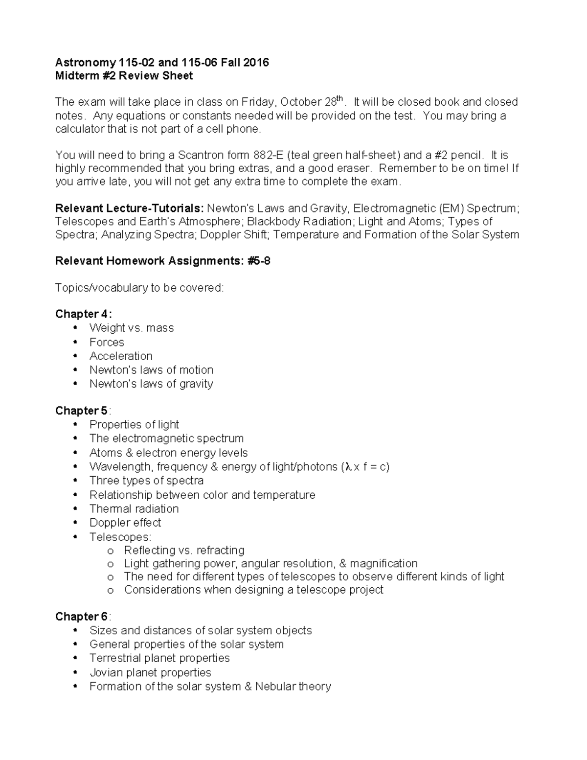 115f16mt2review Review Sheet For Midterm 2 Astr 115