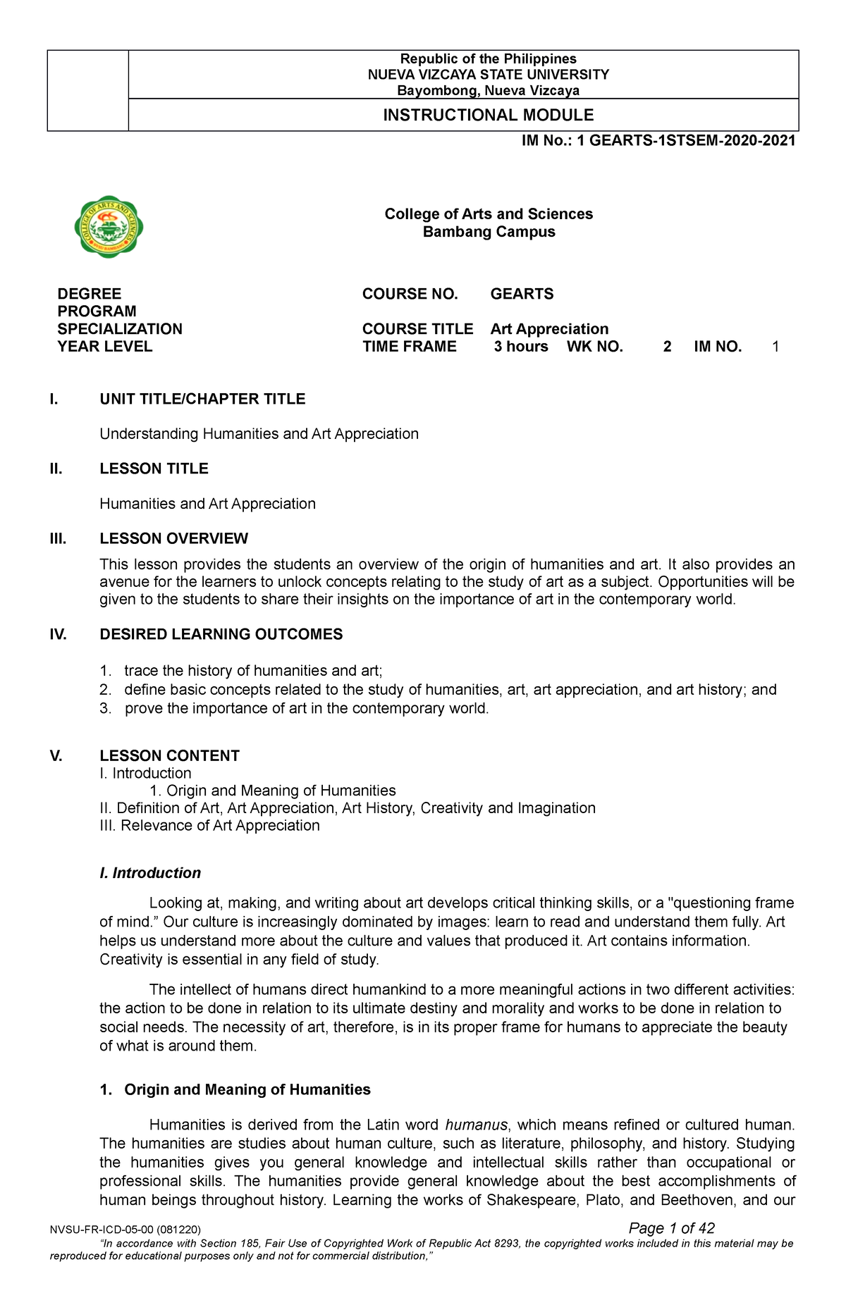 Module 1 GE ARTS - NUEVA VIZCAYA STATE UNIVERSITY Bayombong, Nueva ...