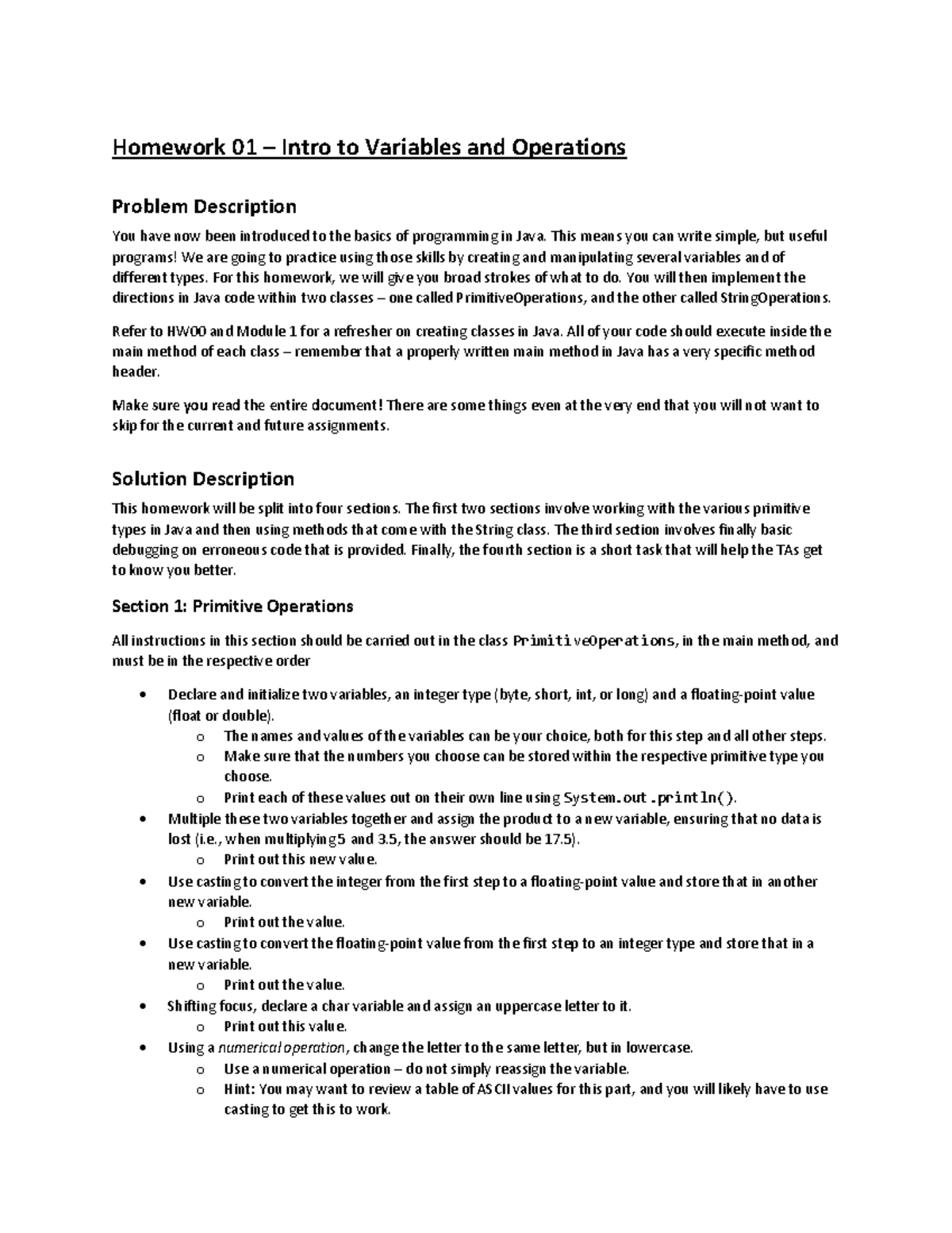 Hw01 - HW1 PDF - Homework 01 – Intro To Variables And Operations ...