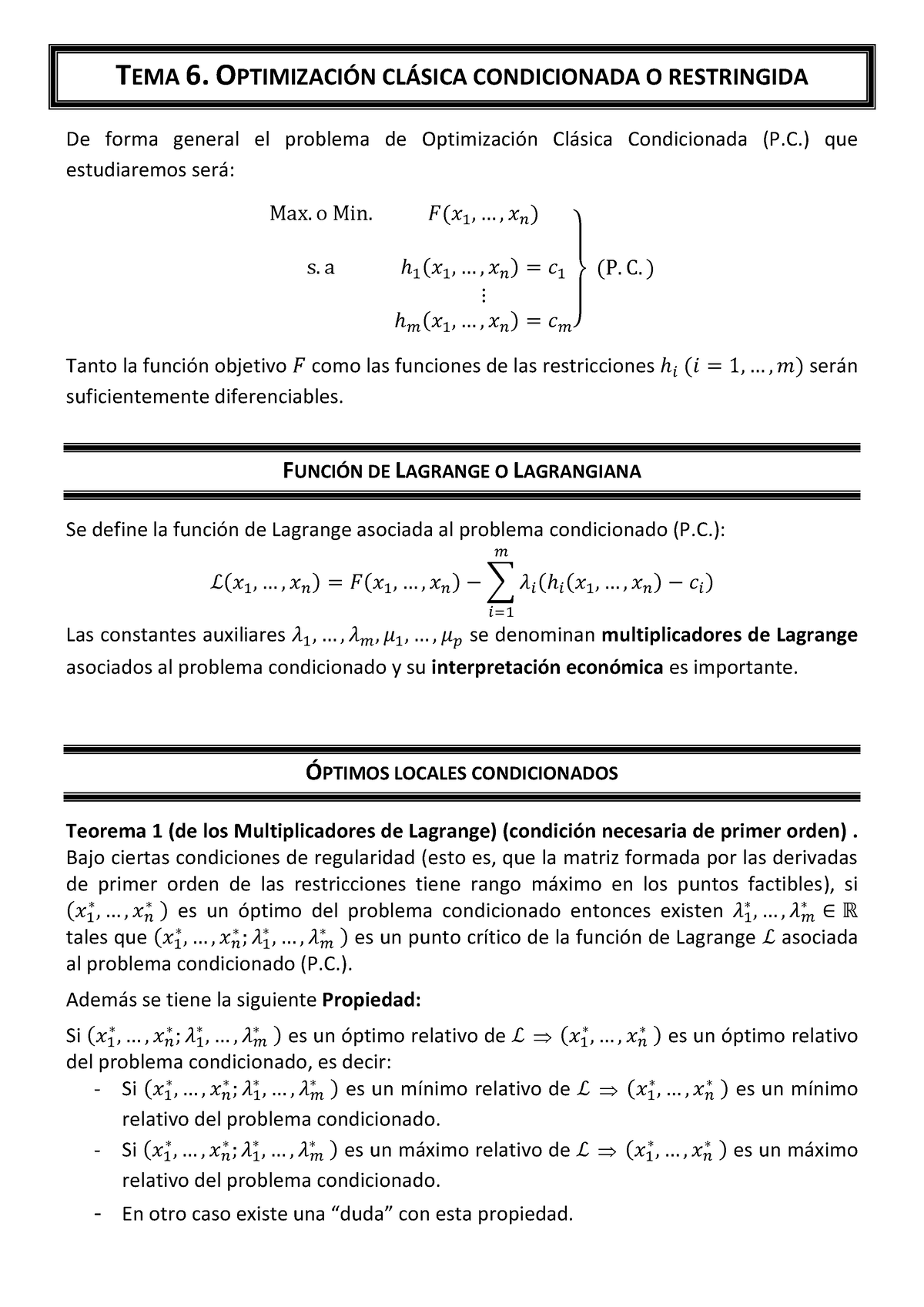 Resumen Optimizaci Ã³n Condicionada - TEMA 6. OPTIMIZACI”N CL¡SICA ...