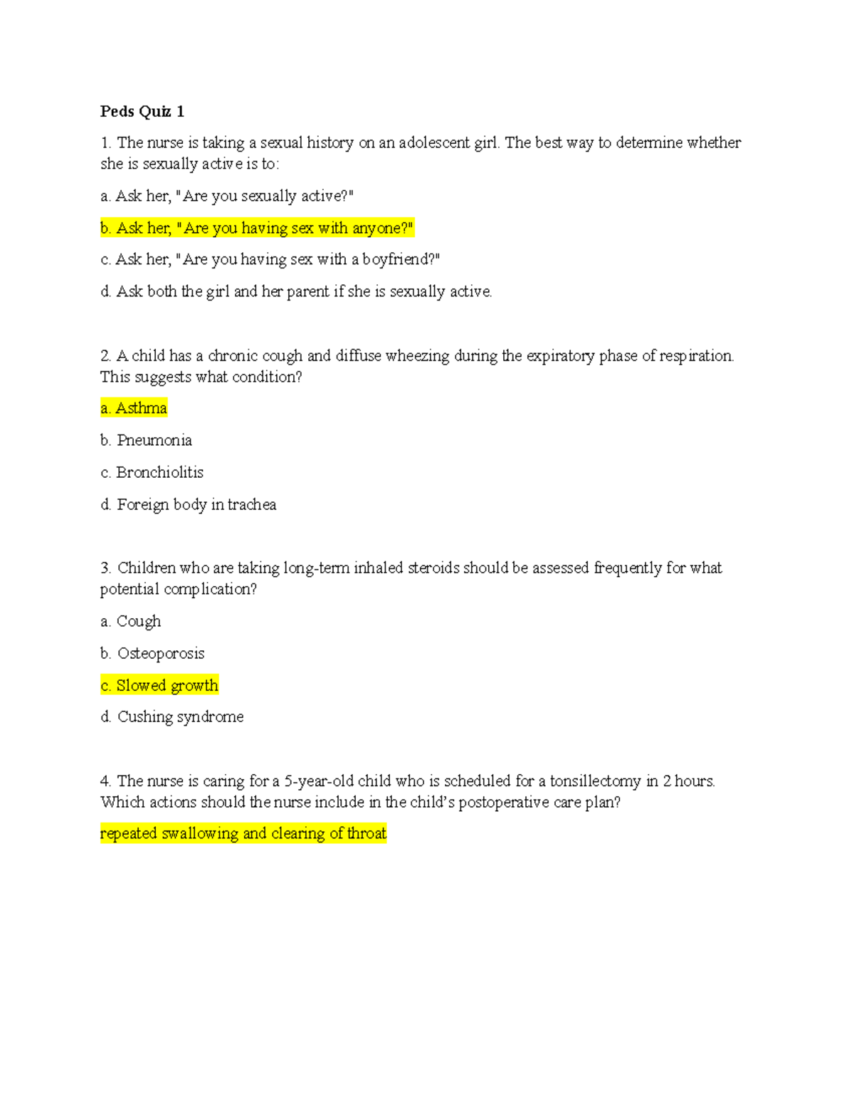 Peds quiz 1 peds quiz 1 Peds Quiz 1 The nurse is taking a sexual