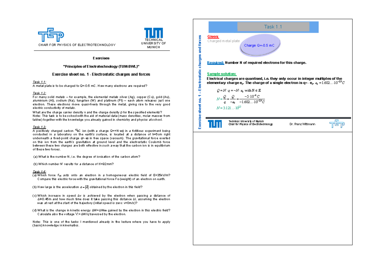 Exercises PEE incl Solutions - CHAIR FOR PHYSICS OF ELECTROTECHNOLOGY ...