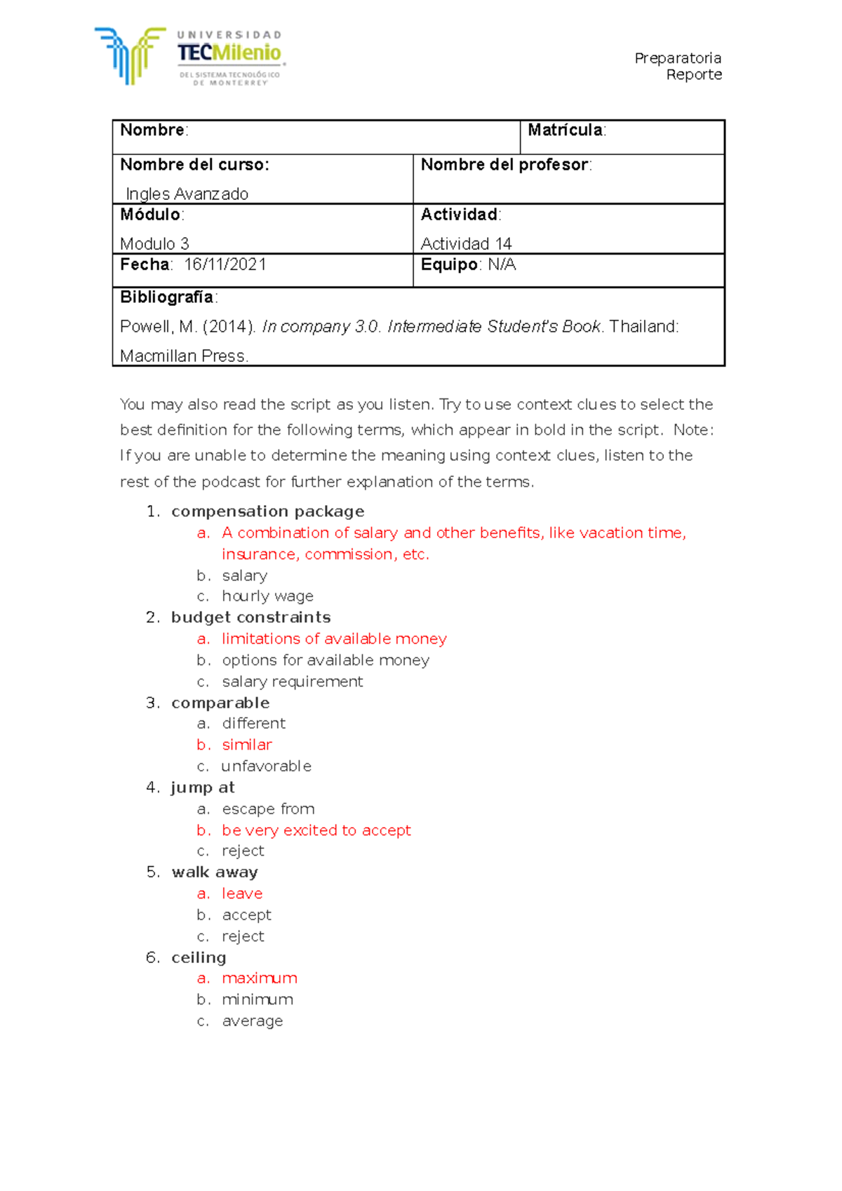 Actividad modulo 314 ingles avanzado 2 - Ingles Avanzado 2 - TecMilenio ...