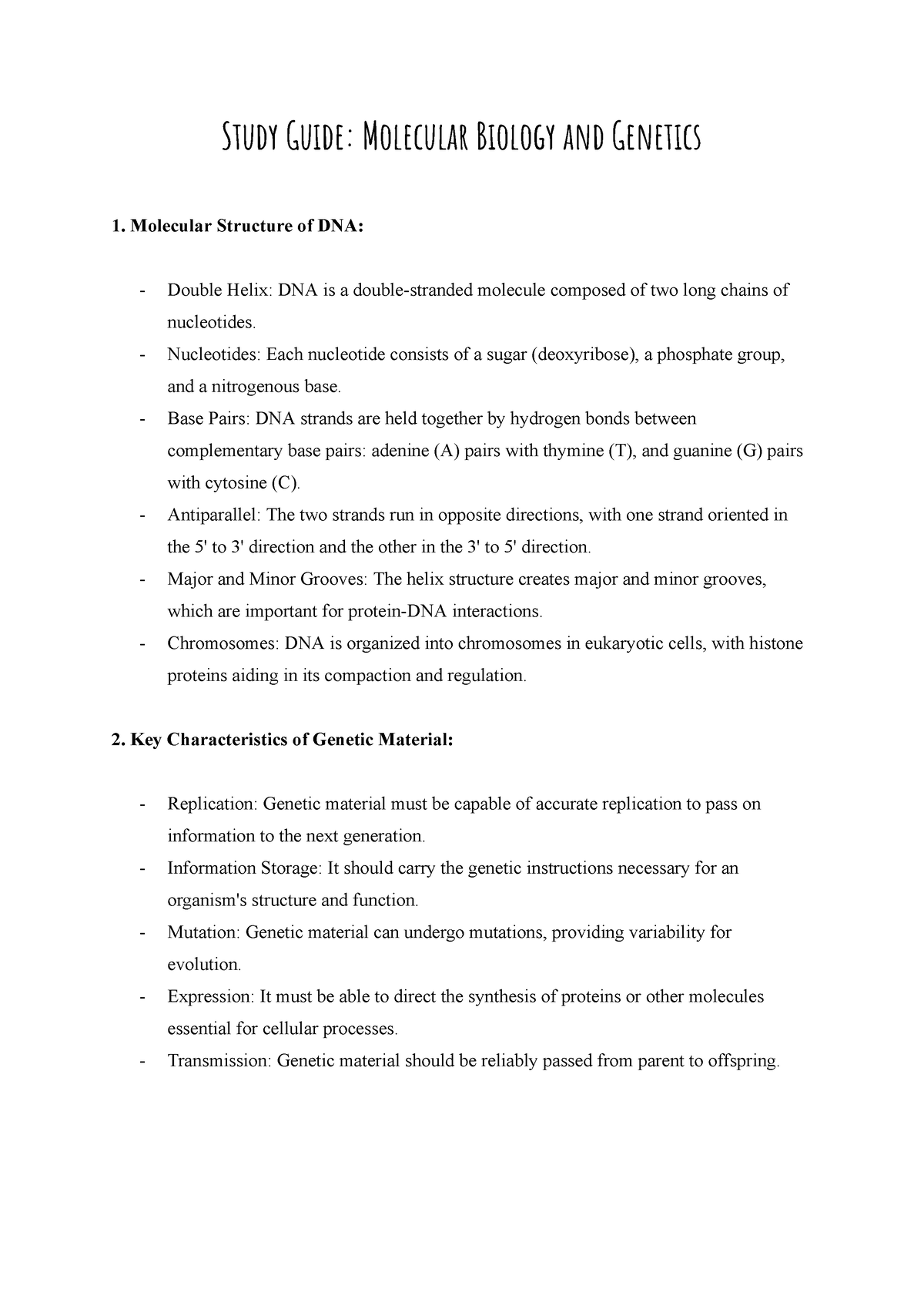 study guide: exam 1 - Study Guide: Molecular Biology and Genetics ...