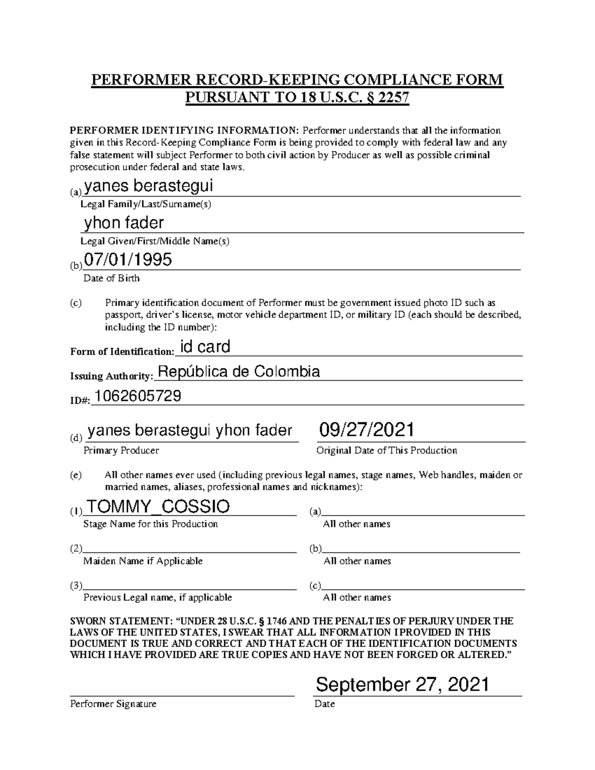 Tommy Cossio-data-intake - PERFORMER RECORD-KEEPING COMPLIANCE FORM ...