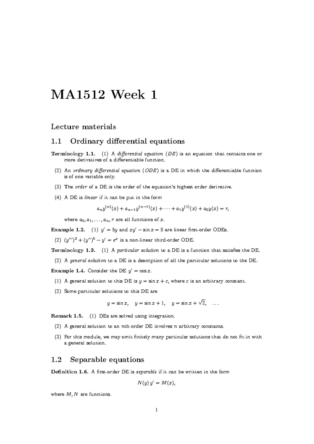 Notes - MA1512 Week 1 Lecture Materials 1 Ordinary Di↵erential ...