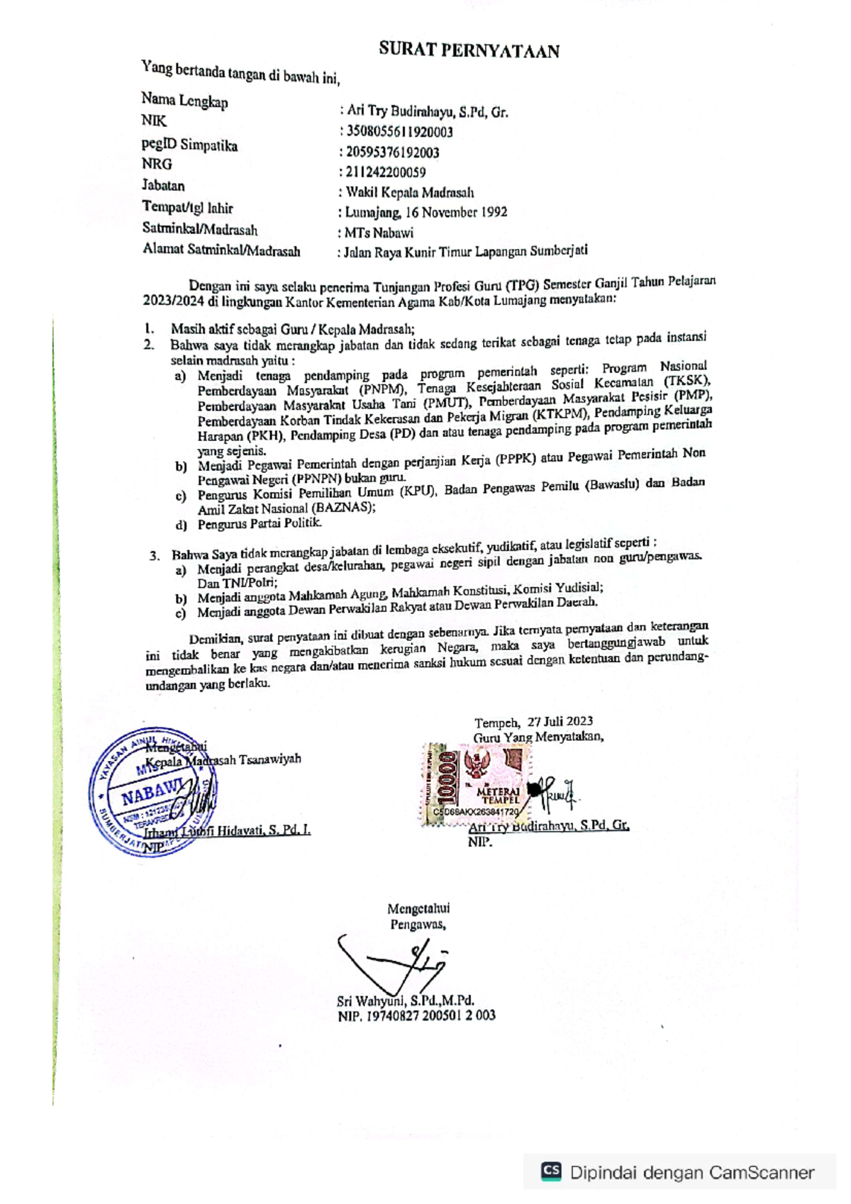 Surat Pernyataan Ari Try Budirahayu - Cell Biology - Studocu