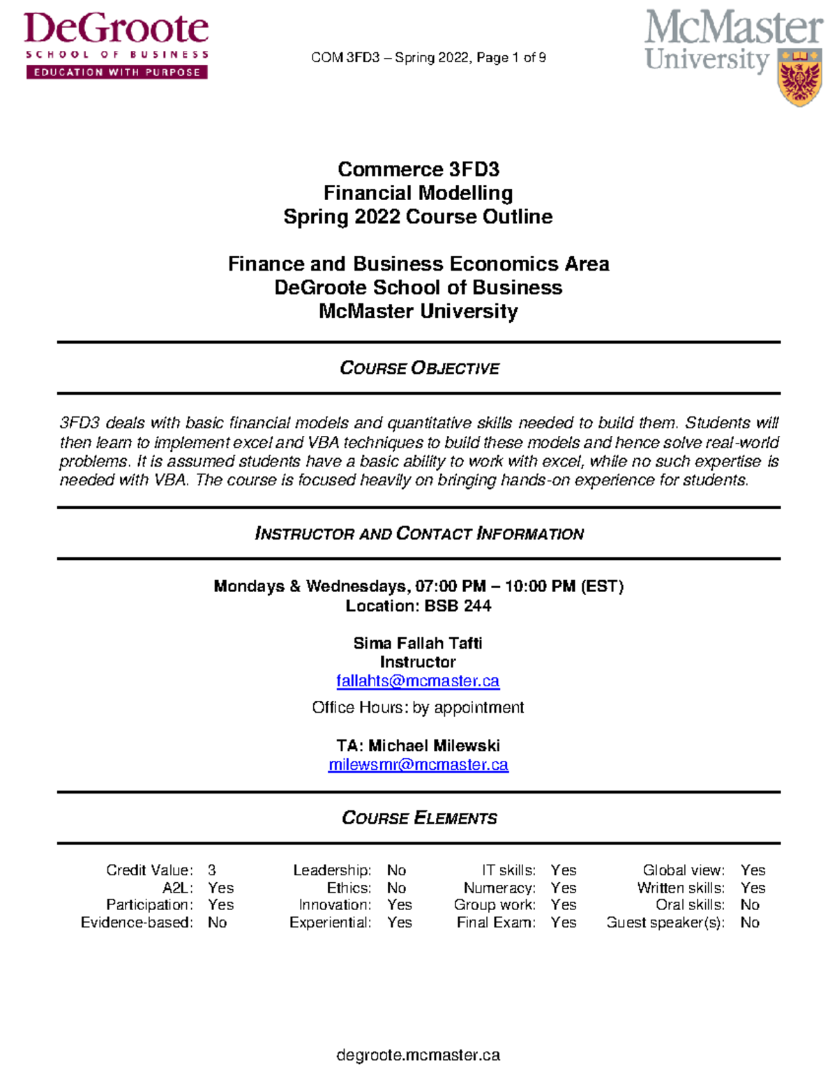 3FD3 Course Outline Spring 2022 - Commerce 3FD Financial Modelling ...