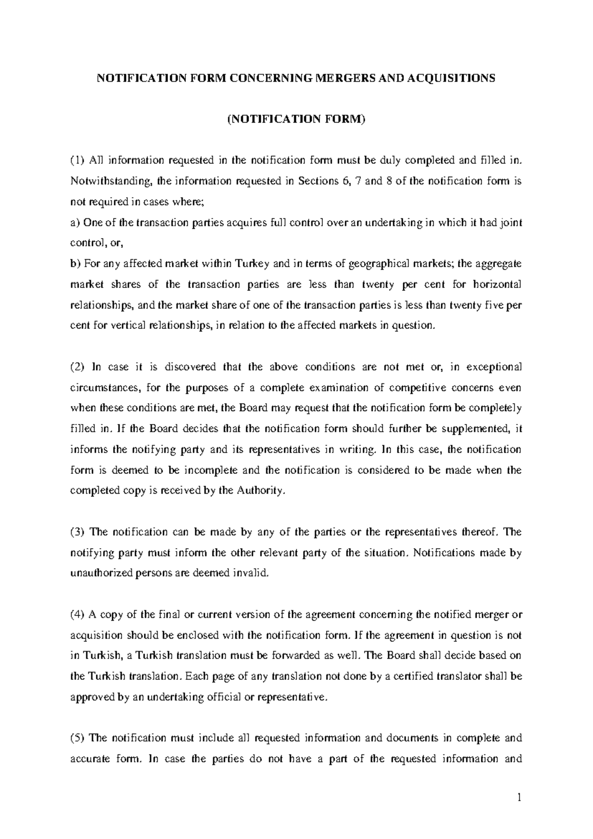 Turkey Merger Notfiction FORM - NOTIFICATION FORM CONCERNING MERGERS ...