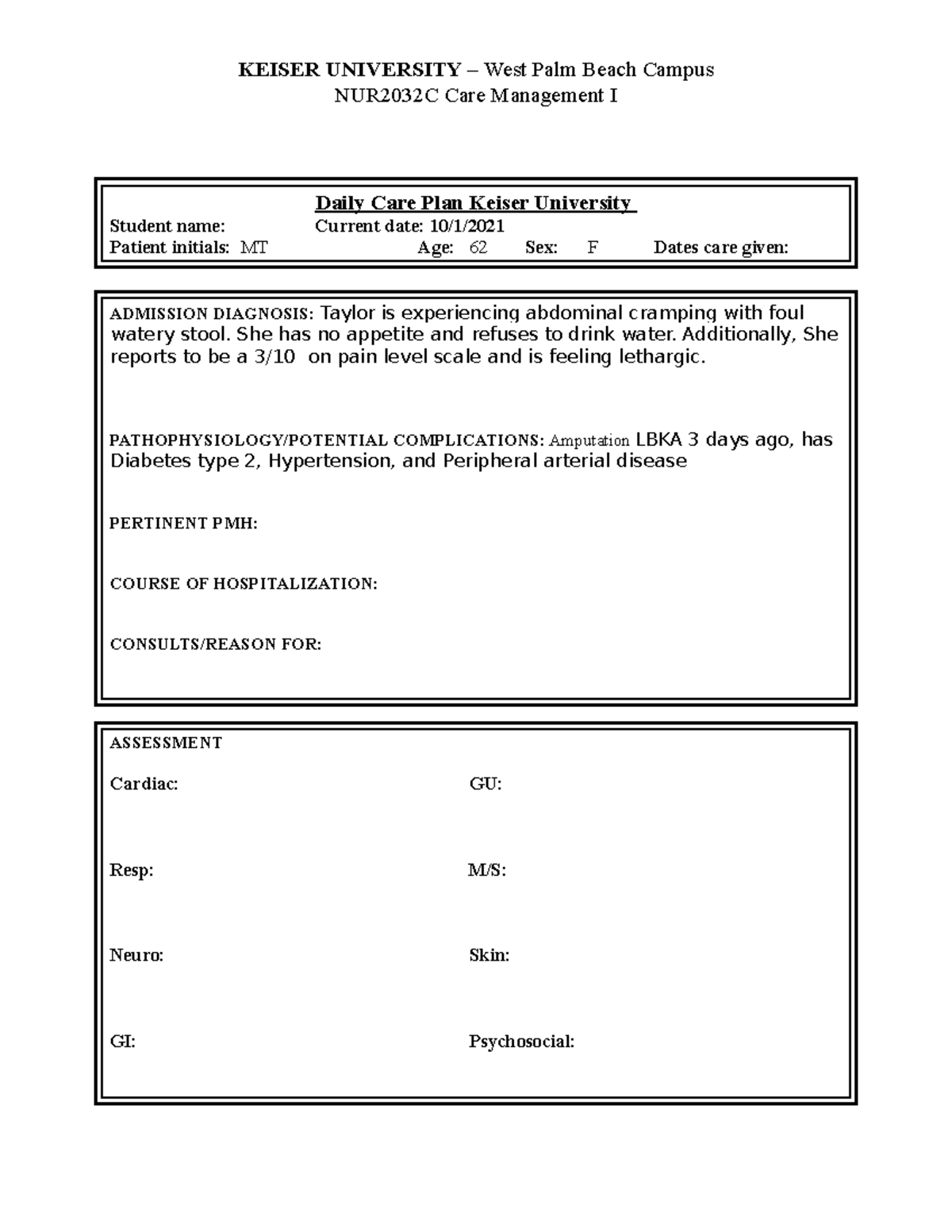 care plan C diff patient NUR2032C Care Management I Daily Care Plan