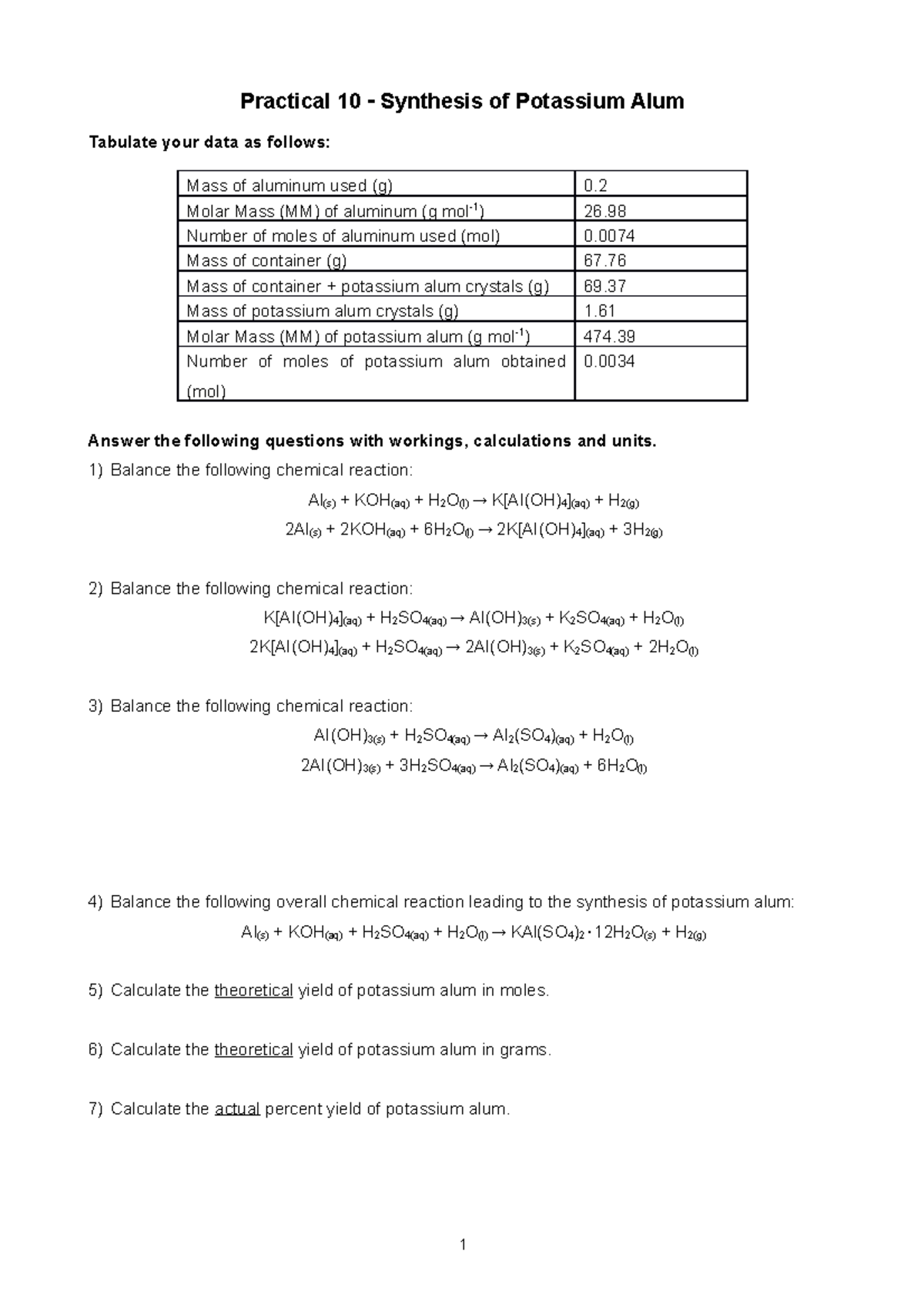 Practical 10 Half Done Practical 10 Synthesis Of Potassium Alum Tabulate Your Data As