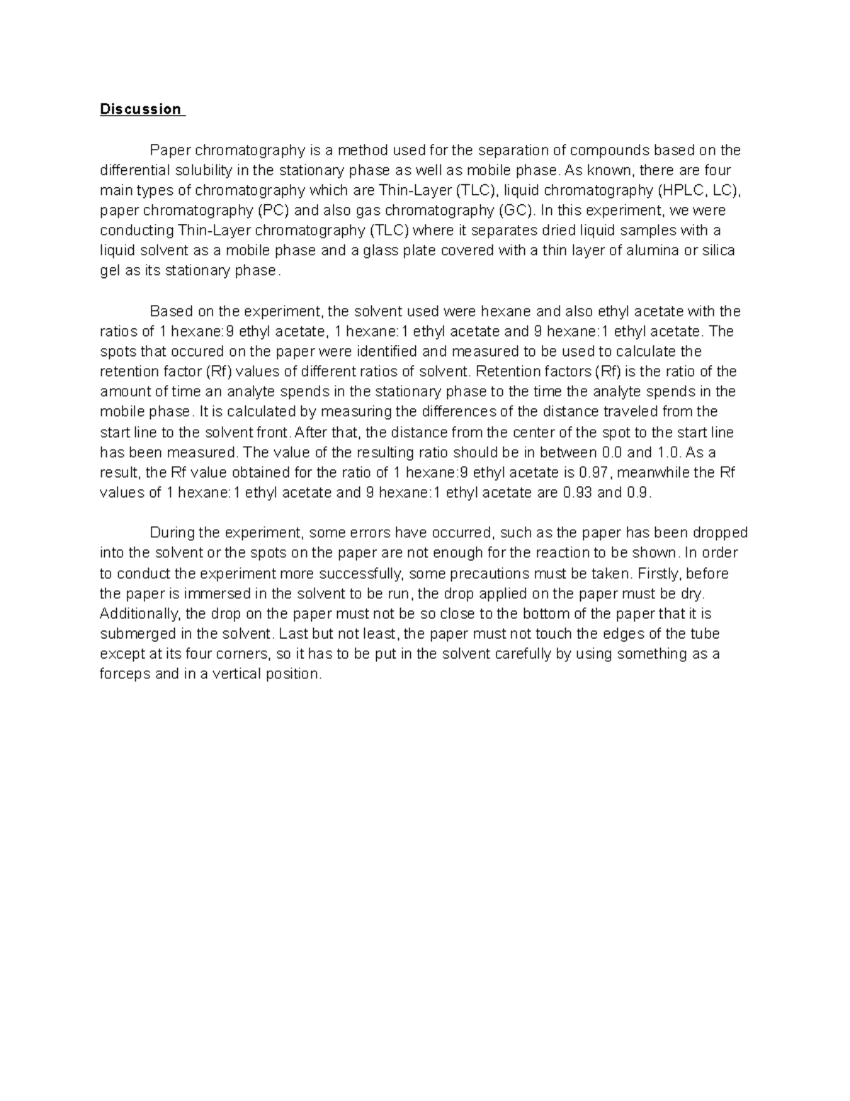 Lab 5 Discussion Paper Chromatography Discussion Paper