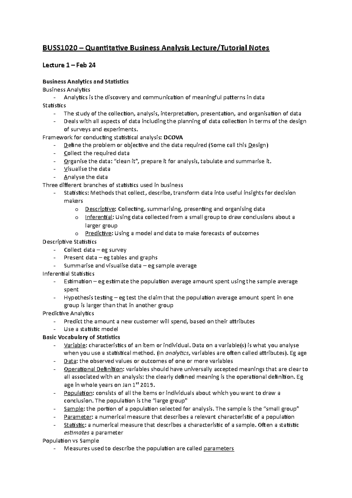 BUSS1020 – Quantitative Business Analysis Lecture - Framework for ...