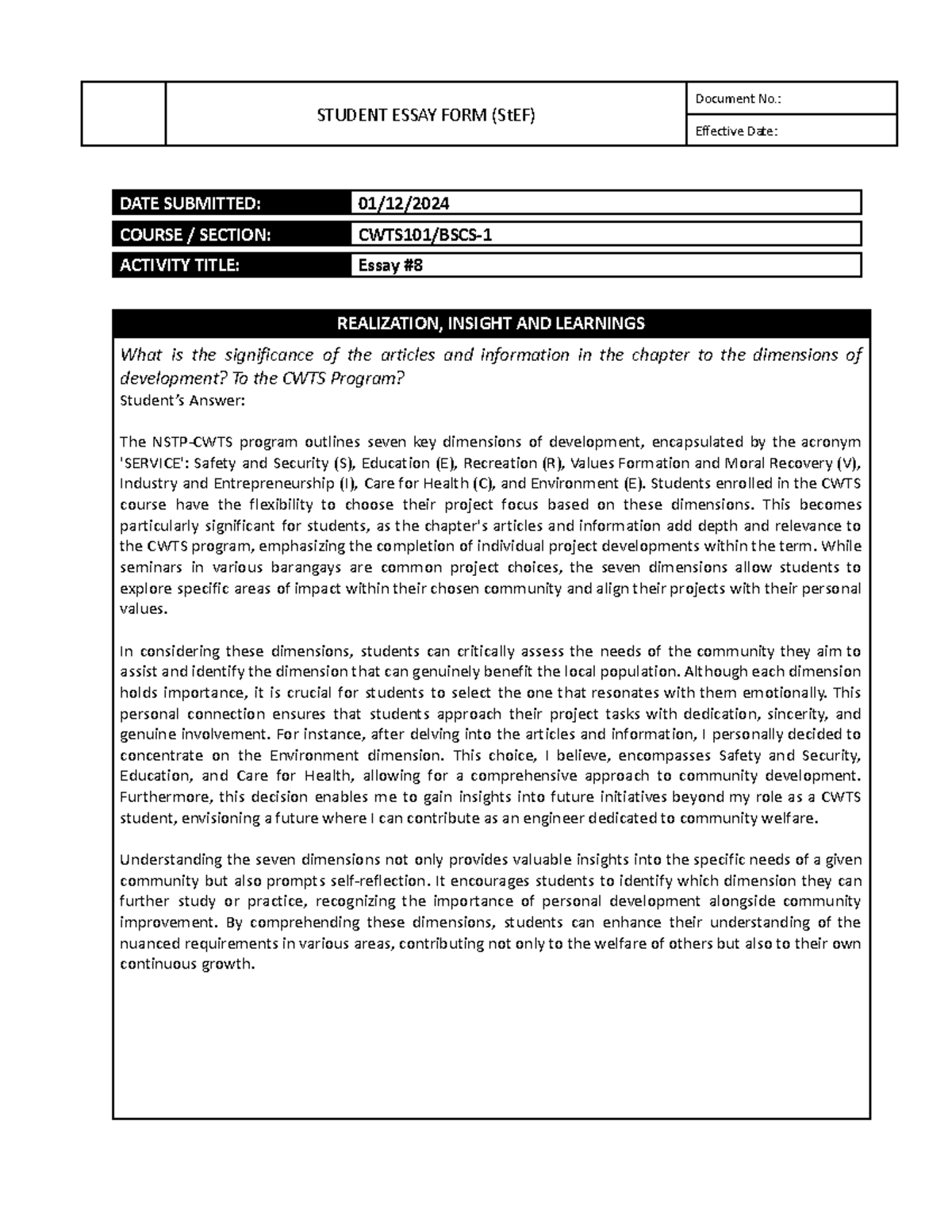 Form - CWTS101 Essay #8 - STUDENT ESSAY FORM (StEF) Document No ...
