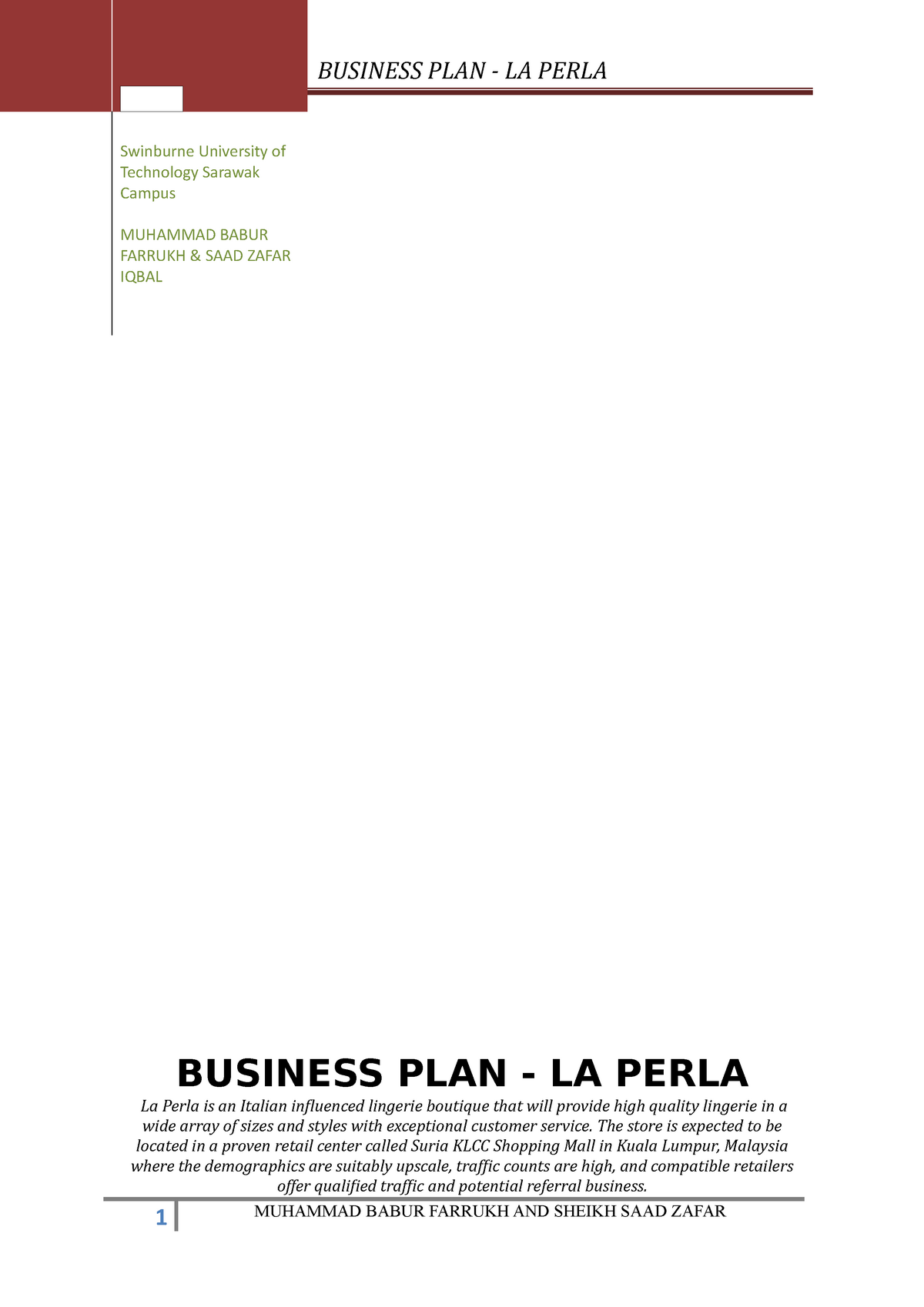 1 Lingerie Shop Business-Plan-La-Perla - BUSINESS PLAN - LA PERLA