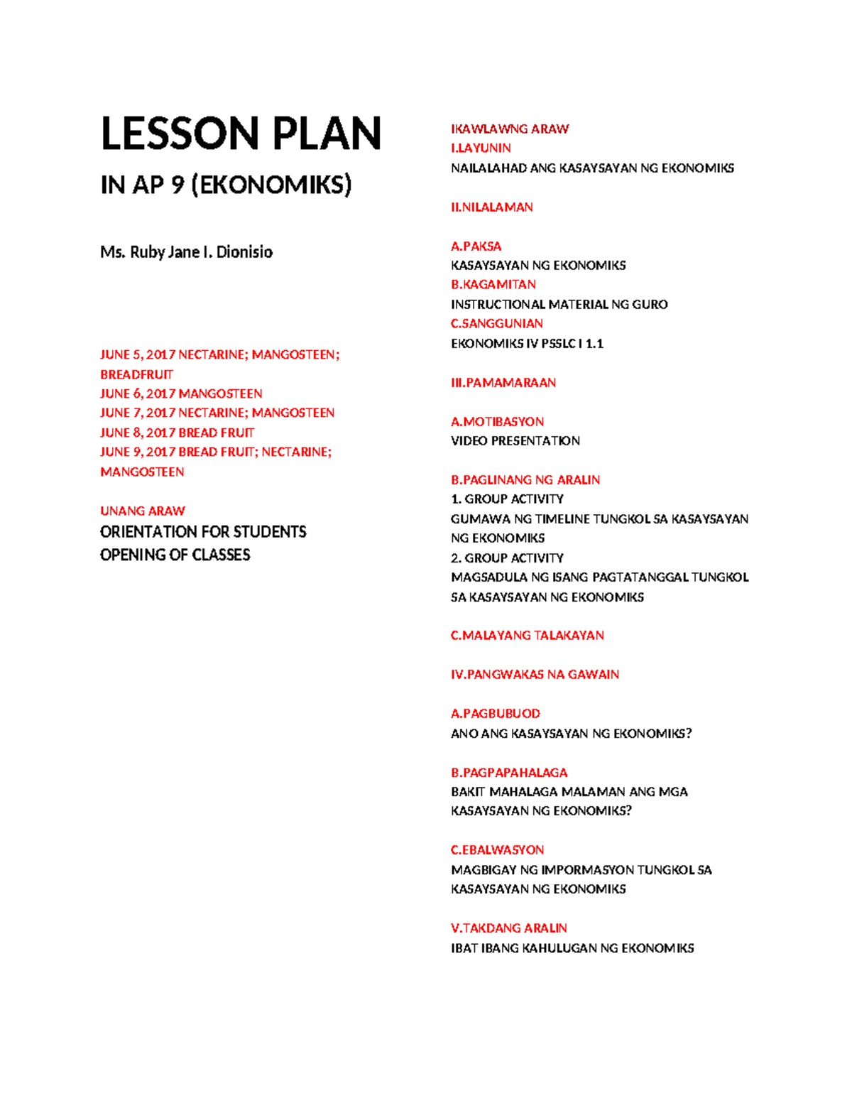 Lesson Plan layout - LESSON PLAN IN AP 9 (EKONOMIKS) Ms. Ruby Jane I ...