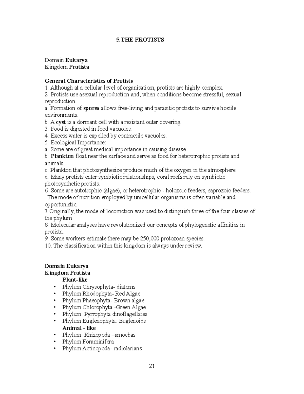 Chapter protista notes edited - 5 PROTISTS Domain Eukarya K ingdom ...