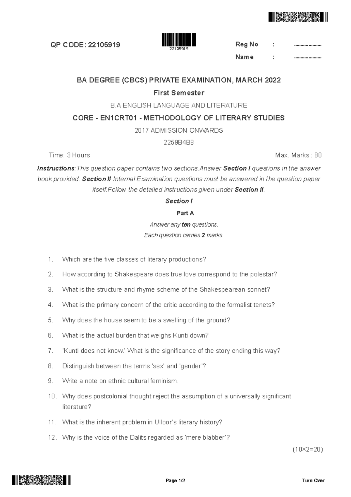 Ba 1 Sem English Language And Literature Methodology Of Literary