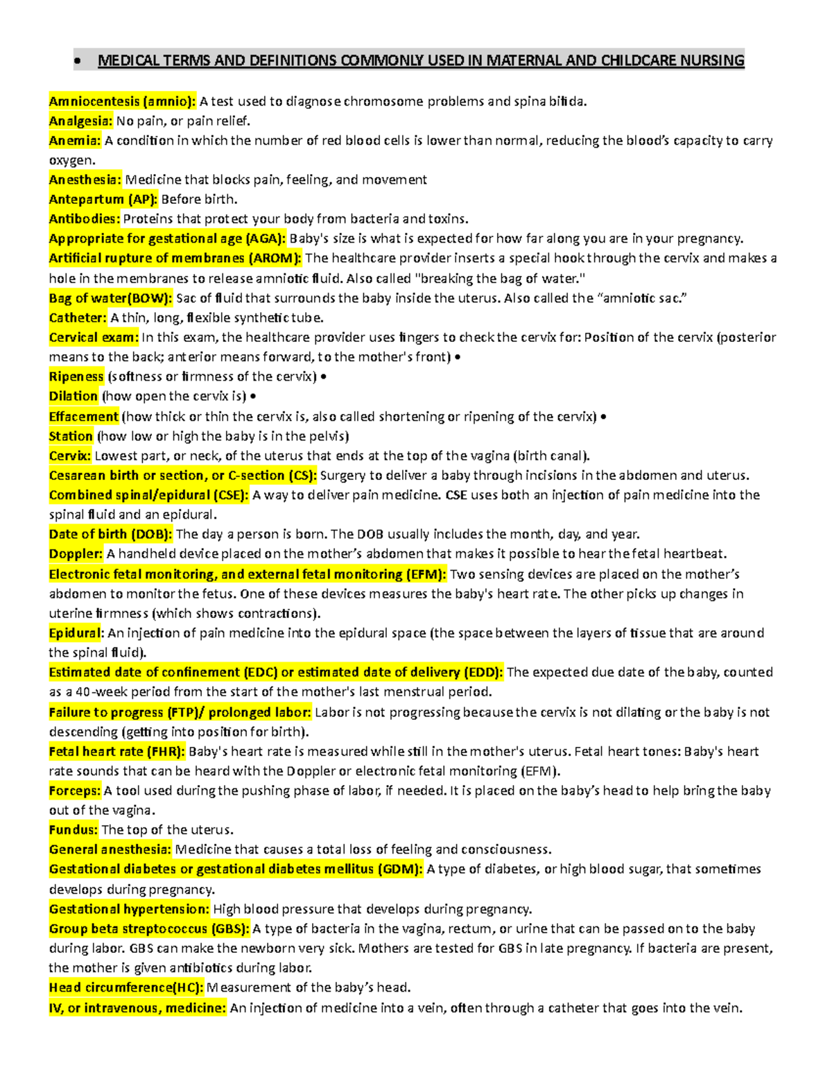 Medical Terms AND Definitions Commonly USED IN Maternal AND Childcare ...