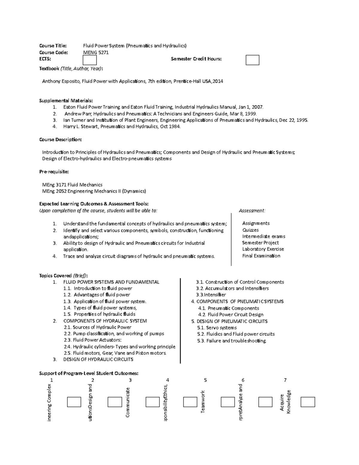 Fluid power system Syllabus Course Title Fluid Power System
