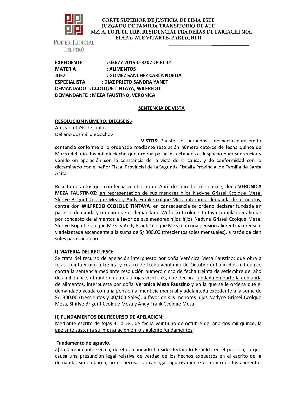 Sentencia alimentos DERECHO JUZGADO DE FAMILIA TRANSITORIO DE ATE