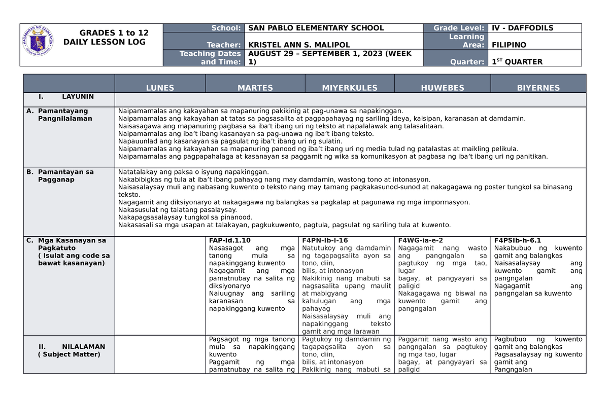 DLL Filipino 4 Q1 W1 - References - GRADES 1 To 12 DAILY LESSON LOG ...