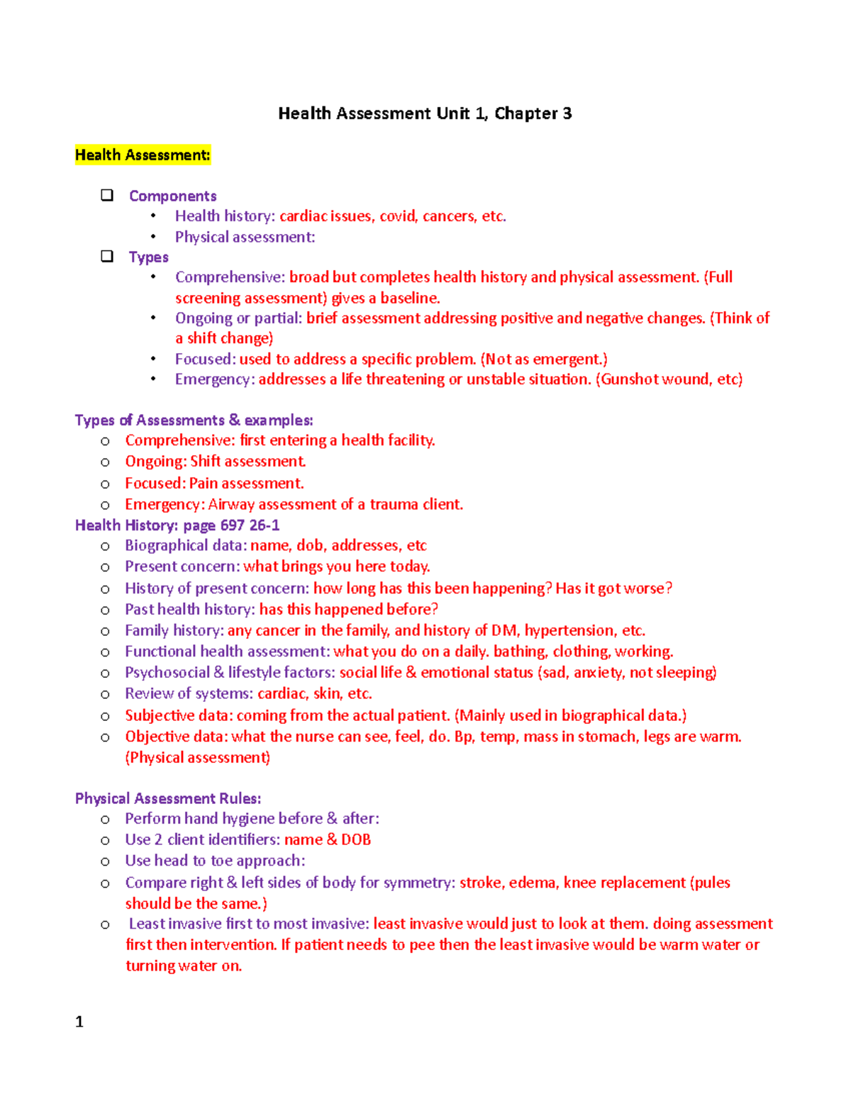 Health Assessment Unit 1 Chapter 3 - Health Assessment Unit 1, Chapter ...