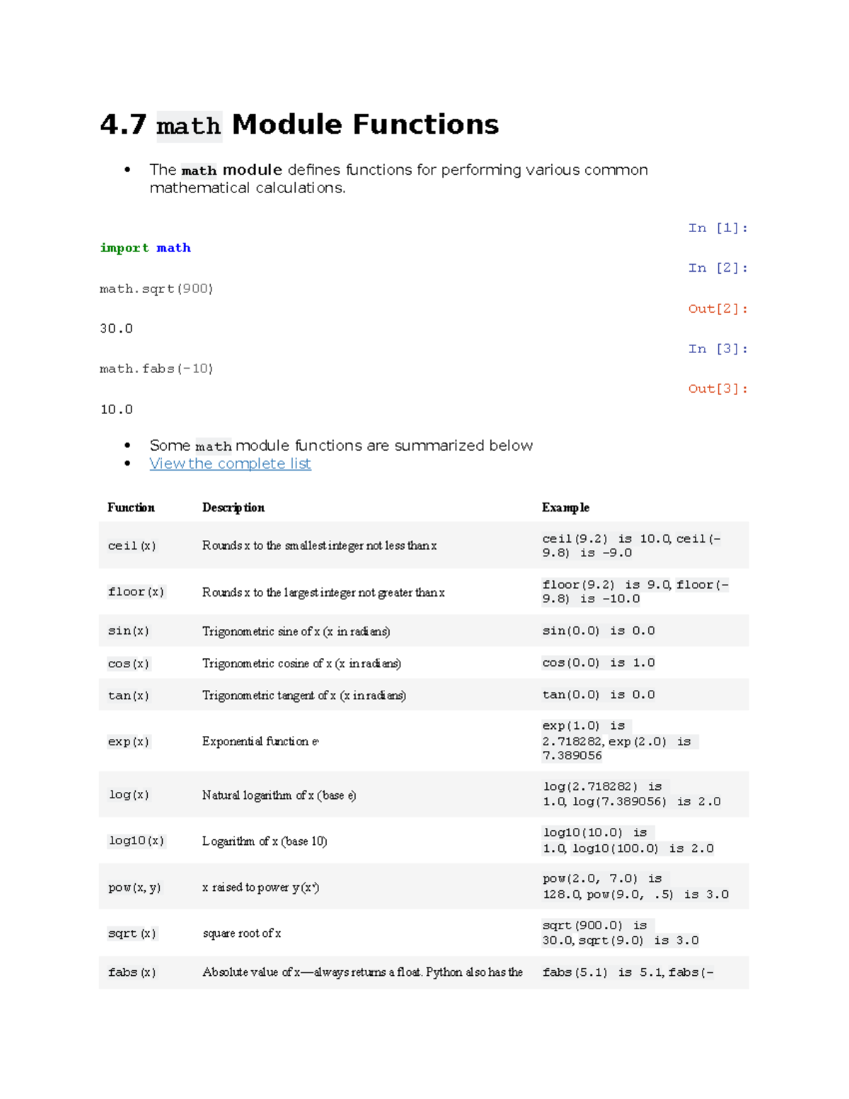 Cost Notes 2023 - 4 math Module Functions The math module defines ...