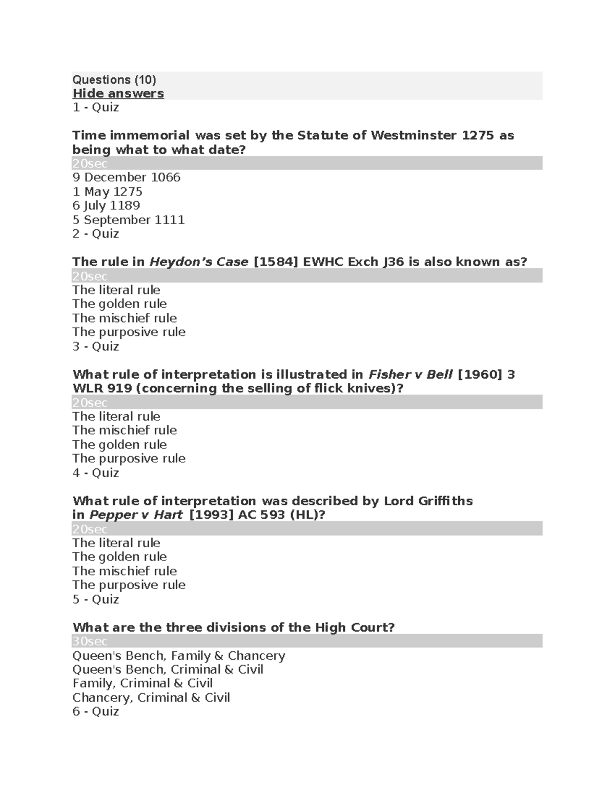 Quiz 8 - MCQ_LLB english legal system - Questions (10) Hide answers 1 ...