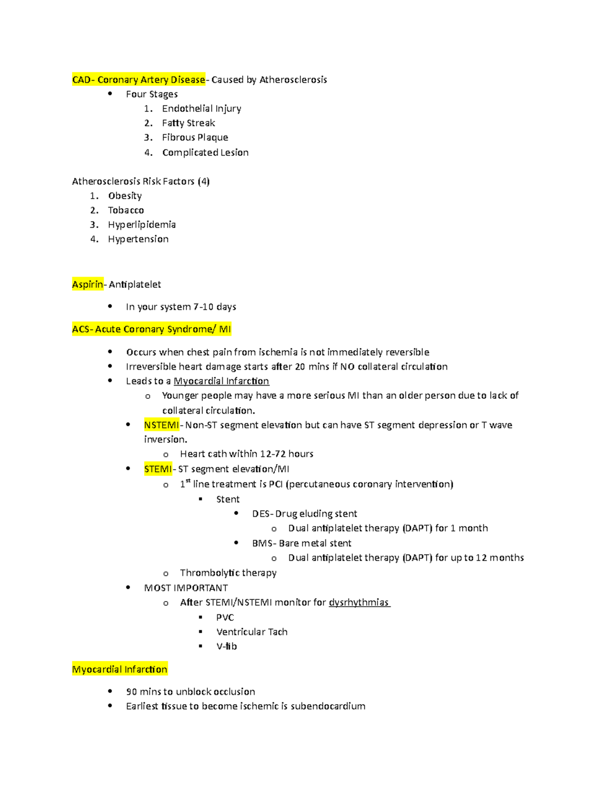 Exam 1 Study Guide copy - Notes on exam one - CAD- Coronary Artery ...