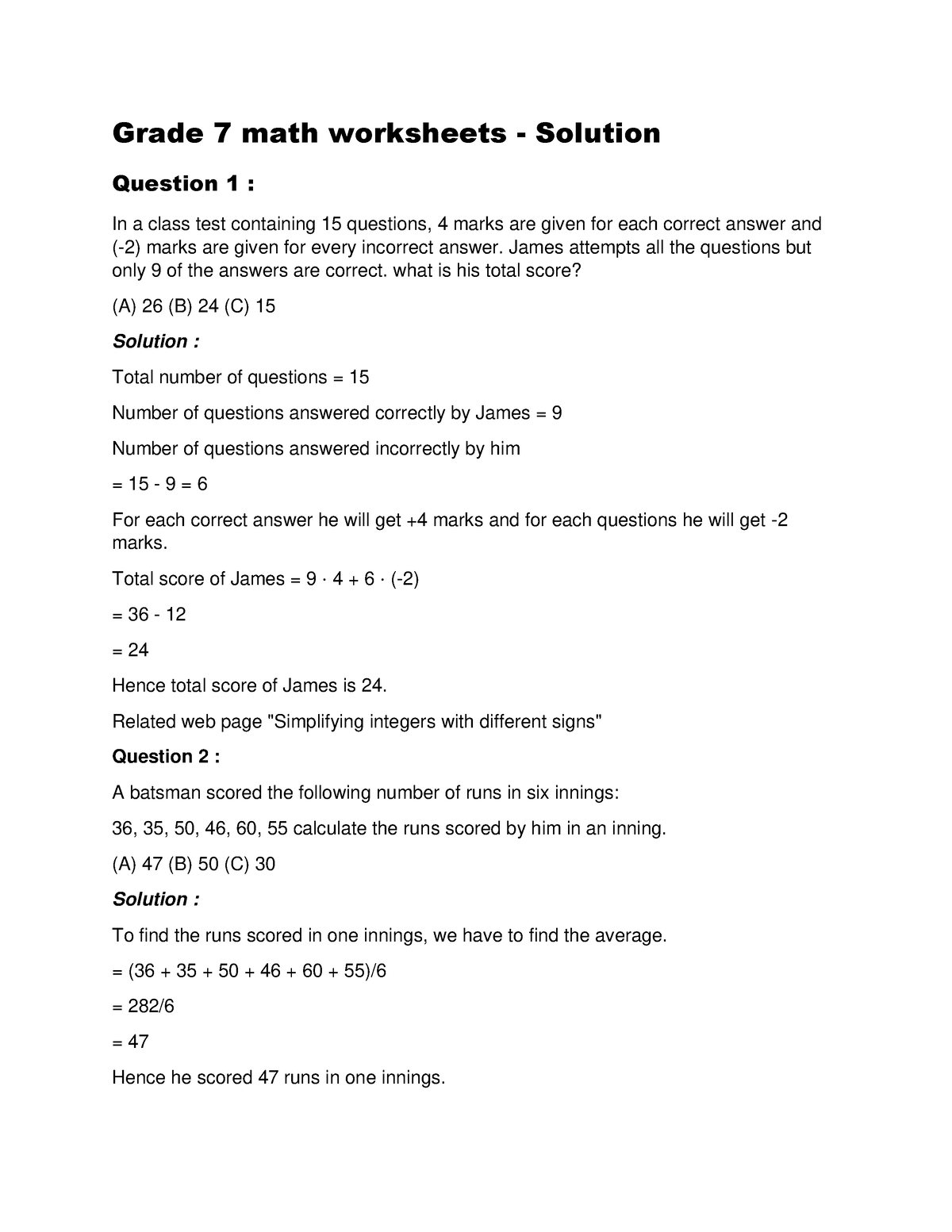 Grade 7 Math Worksheets Grade 7 Math Worksheets Solution Question 1 In A Class Test
