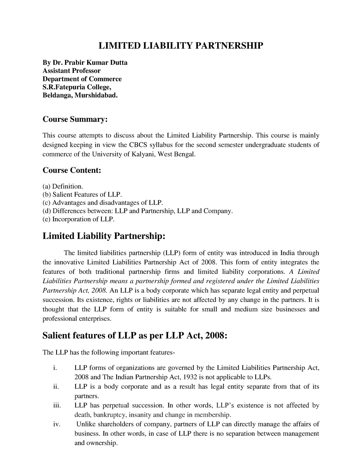 Limited Liability Partnership - LIMITED LIABILITY PARTNERSHIP By Dr ...