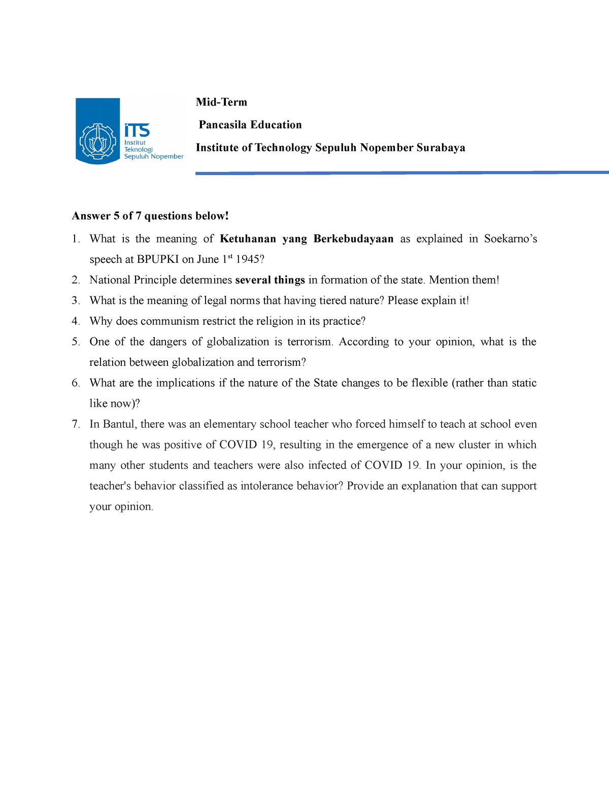 Mid-term Questionnaire - Mid-Term Pancasila Education Institute Of ...