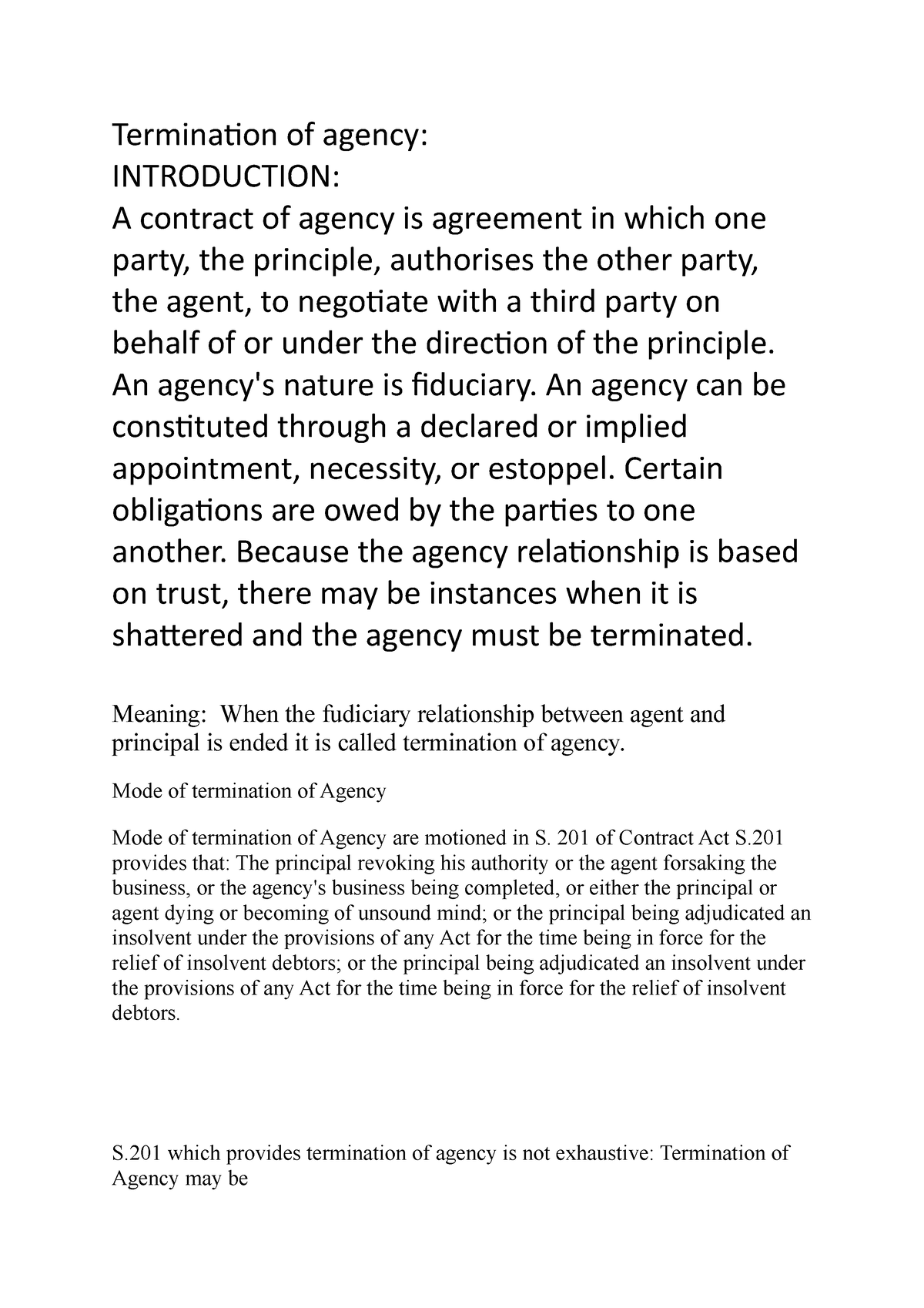 Termination of agency - Termination of agency: INTRODUCTION: A contract ...