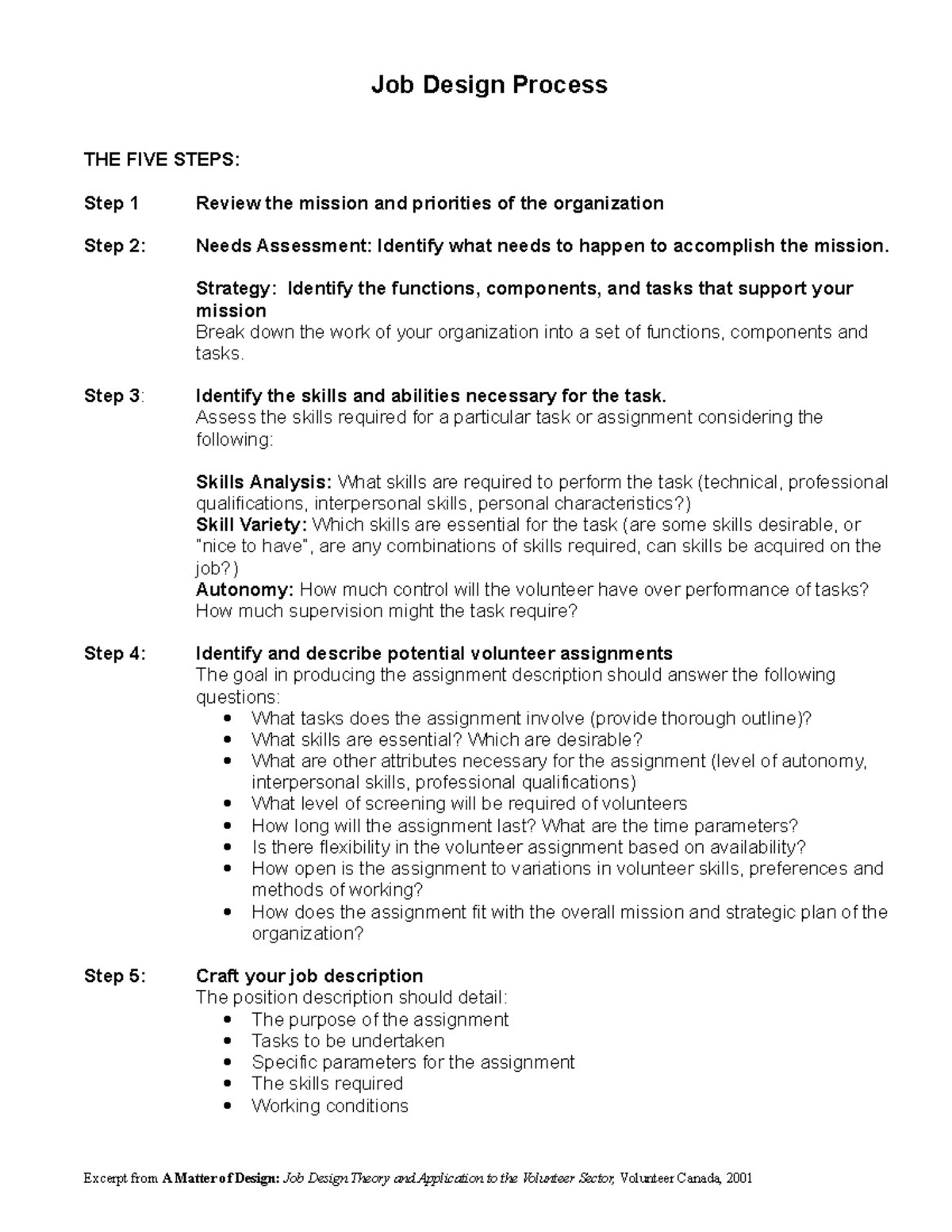 Job Design Process Worksheet - Job Design Process THE FIVE STEPS: Step ...