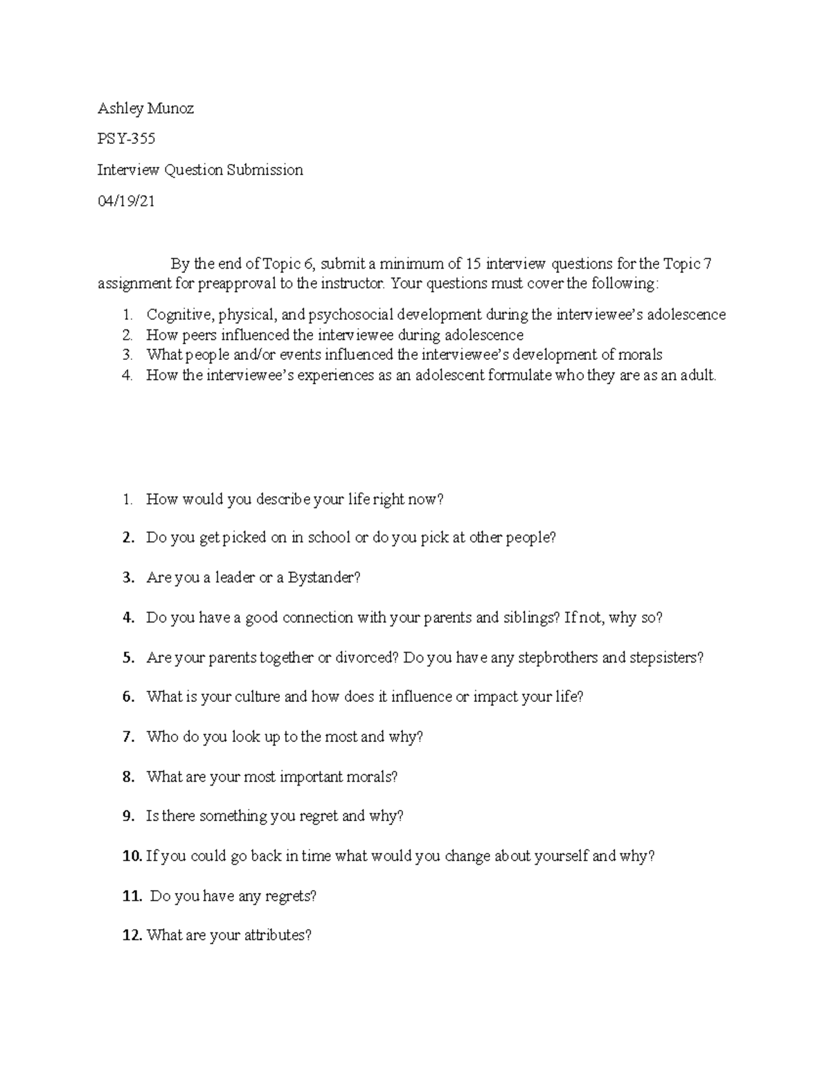 Cognitive questions for adolescent interview new arrivals