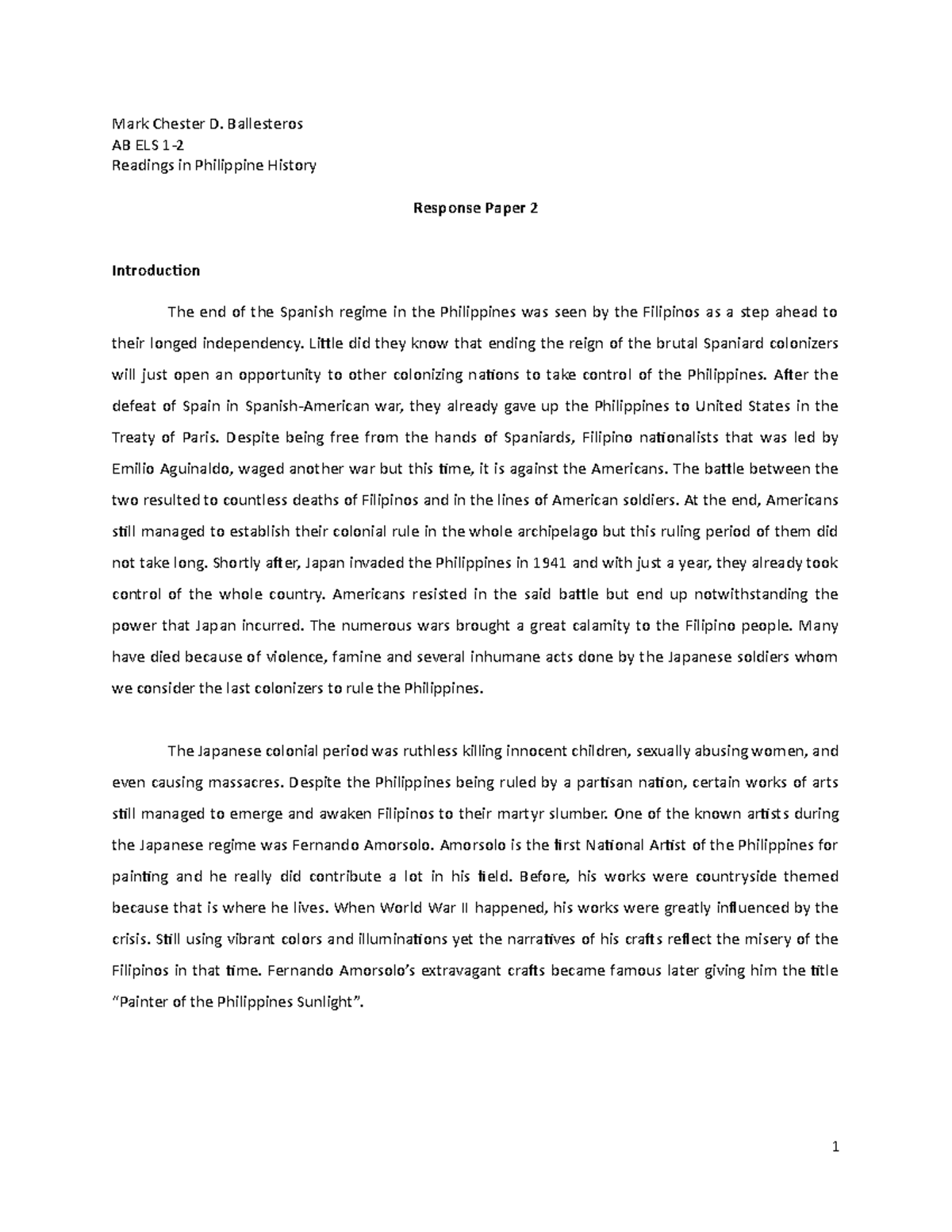 Ballesteros, MARK Chester - Response Paper 2 - Mark Chester D ...